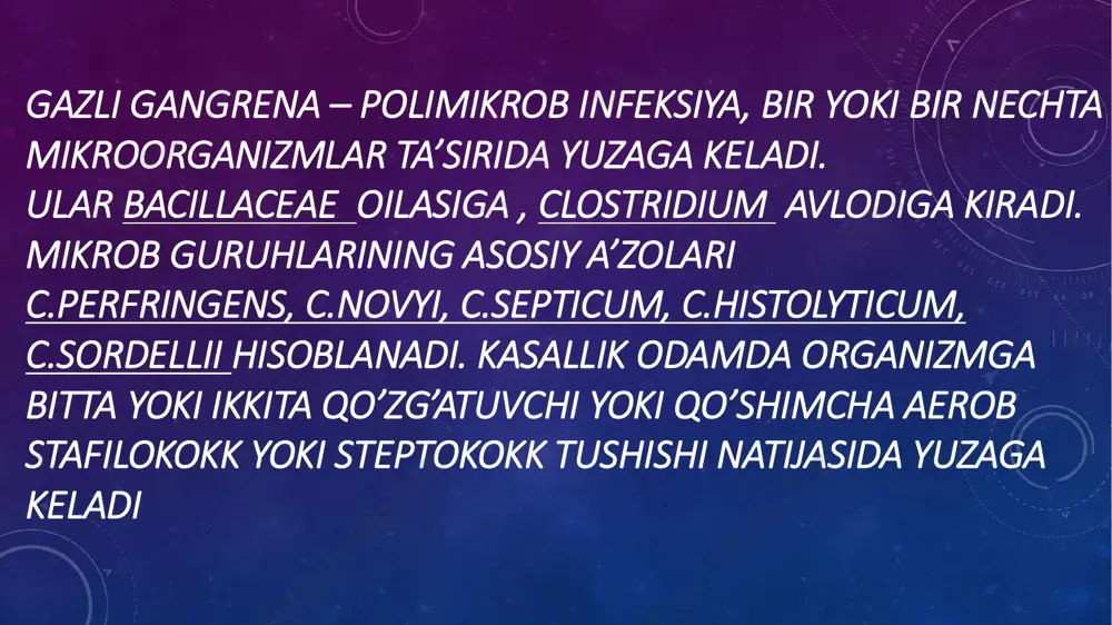 smlarini yaxshilab kesish, shaxsiy gigiyenaga rioya qilish seroprofilaktika bo’yicha odam jarohat olganda gazli gangrenaga qarshi zardob , shuningdek, anaeroblarning fag aralashmasi ham keng qo’llaniladi • davolash: • maxsus davolashda har bir turning antitoksik zardobidan 50000 me , hammasi bo’lib 150 000me yuboriladi. zardob vena ichiga yuboriladi. shuningdek, antibiotiklardan penitsilin va sulfanilamid preparatlari, oksigenoterapiya belgilanadi mikrobiologik tekshiruv tekshirish materiallari 1. jarohatdan ajralma 2. o’zgargan to’qima bo’lakchalari 3. jarohatga tushgan yot moddalar 4. qon asosiy tekshirish usullari 1.mikroskopik 2.bakteriologik 3.biologik 1. mikroskopik usul. • tekshiruv materialidan surtma tayyorlanadi. • gramm hamda burri-gins usulida bo’yab mikroskopda tekshiriladi. • preparatda gramm-musbat tayoqsimon bakteriyalar ko’rinsa taxminiy tashxis qo’yiladi. • bu tekshirish usulida qo’shimcha aerob flora borligiga e’tibor beriladi, chunki u infeksion jarayonni yanada murakkablashtiradi. 2. bakteriologik usul • jarohatdagi suyuqlik olinib suyuq( go’shtli yoki kazeinli), zich(qonli agar, vilson bler, vilos xobs) muhitlariga ekiladi. so’ngra anaerostatda qoldiriladi. • muhitni termostatdan olib ko’zdan kechiriladi. • vilson-bler muhitida …