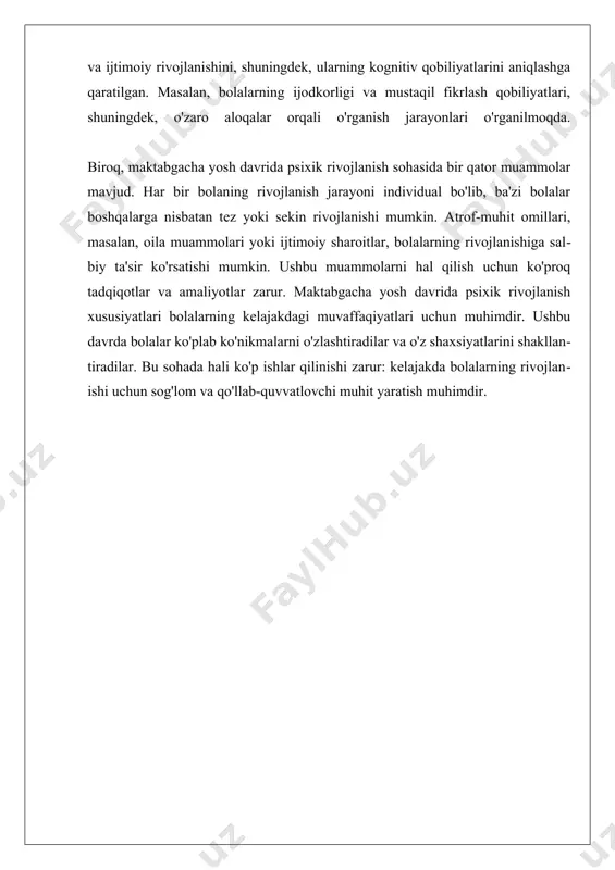 nalarning roli juda kuchlidir, chunki ular bolalar uchun emotsional ko'nikmalarni rivojlantirishda muhim namuna bo'lib xizmat qiladilar. ushbu jarayonlarda, bolalar o'z his-tuyg'ularini boshqarishni o'rganish bilan birga, boshqa odamlarning his-tuyg'ularini ham tushunish va ularga nisbatan empatiya ko'rsatishni o'rganadilar. empatiya, bolalarning ijtimoiy aloqalarini kuchaytiradi va ularning do'stlik munosabatlarini rivojlantiradi. bu holat, bolalar o'zaro muloqotda bo'lganida va muammolarni hal etishda yordam berishi mumkin. shu bilan birga, bolalarning emotsional rivojlanishiga ta'sir ko'rsatadigan bir qator omillar mavjud. atrof-muhit, oila iqlimi, va bolalarning o'ziga xos xususiyatlari emotsional rivojlanishga ta'sir ko'rsatadi. misol uchun, ijtimoiy va iqtisodiy sharoitlar, oilaviy muammolar, va bolalarning o'zaro aloqalari ularning emotsional salomatligiga ta'sir ko'rsatishi mumkin. shuningdek, psixologlar bolalar emotsional rivojlanishini qo'llab-quvvatlash uchun turli usullar va dasturlarni ishlab chiqdilar, bu esa bolalar uchun sog'lom rivojlanish muhitini yaratishga yordam beradi. bolalarning emotsional rivojlanishi inson hayotidagi eng muhim jarayonlardan biridir. ushbu rivojlanish bolaning kelajakdagi munosabatlari, o‘zini tutishi va hayotdagi qiyinchiliklarga qanday munosabatda bo‘lishiga ta’sir qiladi. emotsional rivojlanish …