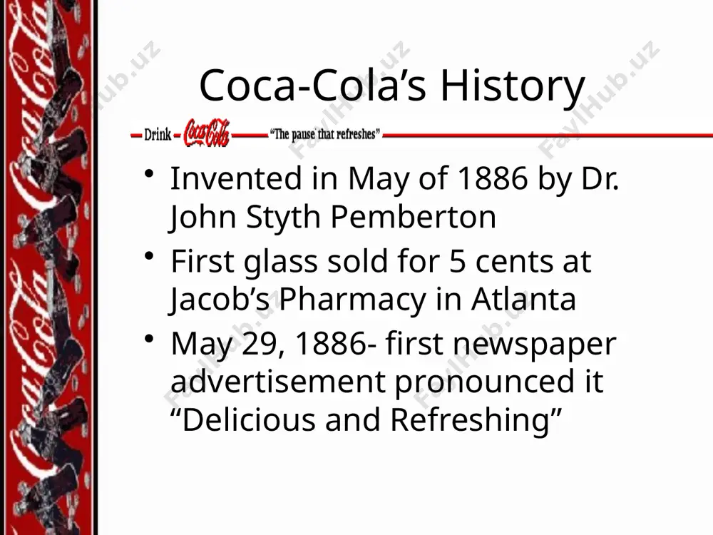 a’s mission mission + commitment = focus focus + action = results mission statement: “we exist to create value for our share owners on a long-term basis by building a business that enhances the coca-cola company’s trademarks. this is also our ultimate commitment. as the world’s largest beverage company, we refresh that world. we do this by developing superior soft drinks, both carbonated and non-carbonated, and profitable non-alcoholic beverage systems that create value for our company, our bottling partners and our customers.” coca-cola’s objectives coca-cola’s first objective is to maximize share owner value over time. maximize long-term cash flow to ensure the strongest and most efficient production, distribution, and marketing systems possible coca-cola’s internal environment coca-cola produces franchise products. products do not have substitutes coca-cola is a low cost leader coca-cola has the largest plant capacity in the world and therefore enjoys significant economies of scale. low regulatory restrictions placed …