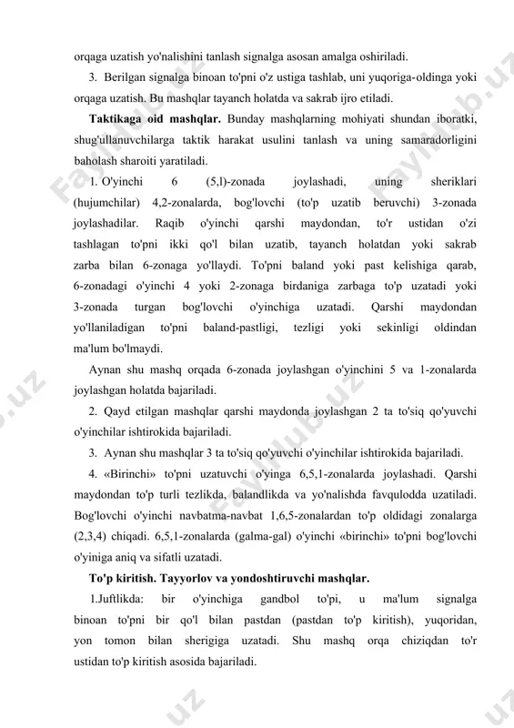 m signalga binoan to'pni bir qo'l bilan pastdan (pastdan to'p kiritish), yuqoridan, yon tomon bilan sherigiga uzatadi. shu mashq orqa chiziqdan to'r ustidan to'p kiritish asosida bajariladi. 2. shu mashq turli zonalarga to'p kiritish asosida ijro etiladi. 3. to'p orqa chiziq atrofida osilgan holatda joylashtiriladi. to'p to'rga nisbatan to'g'ri turib va yonlama turib, xayolan turli zonalarga uriladi (kiritiladi). taktikaga oid mashqlar. taktikaga oid mashqlarning asosiy maqsadi - raqibni taktik rejasini «buzish», to'p qabul qilishni qiyinlashtirish va ochko olish niyatida voleybolchini to'p kiritish usuuari, tezligi va yo'nalishini tanlashga o'rgatishdan iborat. to'p kirituvchi voleybolchi orqa chiziq ortida joylashadi, qarshi maydonchada 6 o'yinchi joylashadi. to'p kirituvchi turli zonalarga turli usullarda navbatma-navbat to'p kiritadi. qarshi maydonchada joylashgan qaysi bir o'yinchi qo'lini ko'tarsa shu o'yinchiga to'p uriladi (kiritiladi): ikki o'yinchi o'rtasiga to'p kiritiladi; bir gal maydonni oldi qismiga, bir gal orqa qismiga to'p kiritiladi; bog'lovchiga to'p kiritiladi; asosiy hujumchiga to'p kiritiladi; endi o'yinchi almashtirgan o'yinchiga …