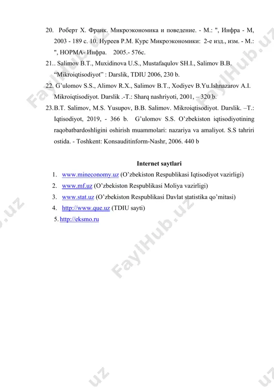 toshkent: konsauditinform-nashr, 2006. 440 b internet saytlari 1. www.mineconomy.uz (o’zbekiston respublikasi iqtisodiyot vazirligi) 1. www.mf.uz (o’zbekiston respublikasi moliya vazirligi) 1. www.stat.uz (o’zbekiston respublikasi davlat statistika qo’mitasi) 1. http://www.que.uz (tdiu sayti) 1. http://eksmo.ru