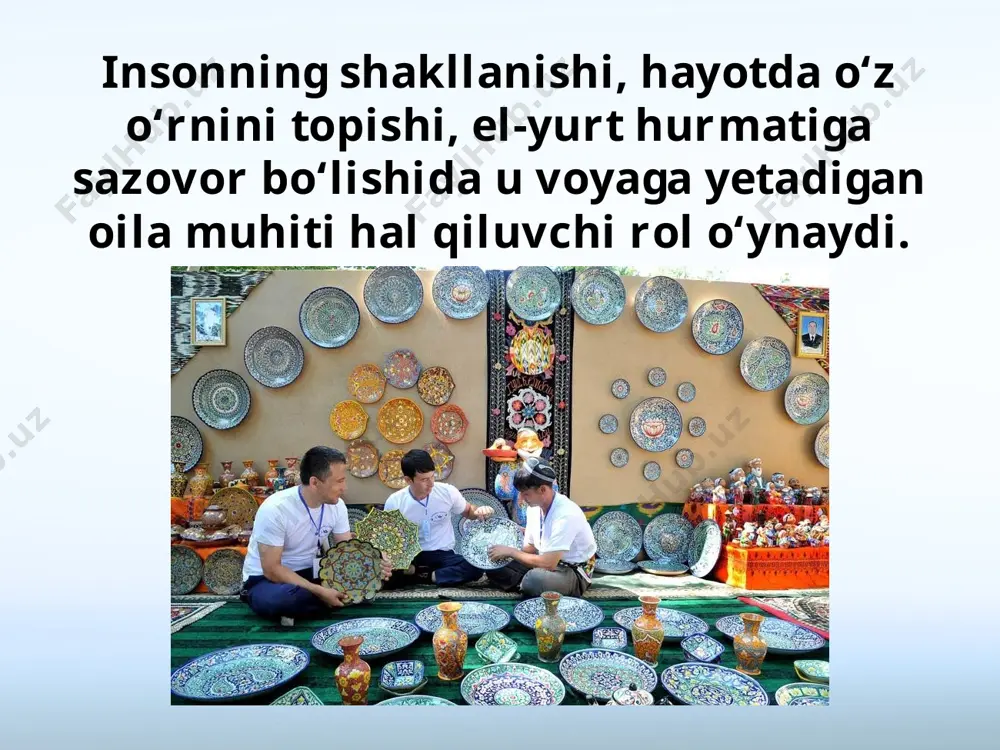 a qurganida ham o‘z turmush o‘rtog‘i bilan shunday yashashni orzu qiladi. xonadonlarimizning qut-barakasi ko‘p narsaga bog‘liq. jumladan, oilada mehnat taqsimoti adolatli yo‘lga qo‘yilishigina uni obod qiladi. buning uchun esa ro‘zg‘or yumushlari oila a’zolari o‘rtasida oqilona taqsimlanmog‘i kerak. savol va topshiriqlar: 1. oilaning ma’naviy iqlimi deganda nimani tushunasiz? 2. oila sha’nini, uning obro‘-e’tiborini saqlash oila a’zolaridan nimalarni talab etadi? 3. oilaviy muhitning sog‘lomligi nimalarga va kimlarga bog‘liq? 4. o‘z oilangiz tinchligi va totuvligini ta’minlashga siz ham, o‘z hissamni qo‘shyapman, deya olasizmi? 5. «uzumini yeng-u, bog‘ini surishtirmang» degan maqolning salbiy maqsad-mohiyatini sharhlashga urinib ko‘ring. 6. «bir bolaga yetti mahalla ham ota, ham ona» degan iboraning mohiyatini izohlab bering. image2.jpeg image3.jpeg image4.jpeg image5.jpeg image6.jpeg image7.emf image8.emf image9.emf image10.emf image11.emf image12.gif image13.jpeg image14.jpeg image15.emf image16.emf image1.jpeg