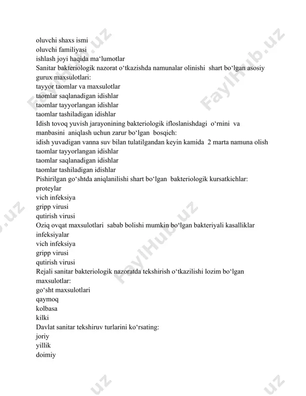riba suv havzalari suvlarini organoleptik xususiyatlarini xarakterlovchi ko‘rsatkichlarni ko‘rsating: muallaq moddalar, ta'mi, bo‘yalish quruq qoldiq, xloridlar, sulfatlar, bo‘yalish faol reaksiya, muallaq moddalar, ta'm ta'm, quruq qoldiq, bir litr suvdagi temir moddasining miqdori. atrof-muhit omillarini tekshirish usullarini ko‘rsating: sanitar-tavsifiy usul, fizikaviy usullar fiziologik holatlarni tekshirish usullari ayrim organlarning funksional holatlarini tekshirish usullari kimyoviy usullar bakteriologik nazorat bo‘yicha surtmalar qaysi korsatkichlarga olinadi? umumiy mikroblar soni va ichak tayoqchasi umumiy mikroblar soni va salmonellar; umumiy mikroblar soni stafilokokklar; stafilokokklar umumiy mikroblar sonini aniqlash uchun surtmalar qanday muxitga olinadi? fiziologik eritmaga gpa plaskirova muxiti endo muxiti ichak tayoqchasini aniqlash uchun qaysi muxitdan foydalaniladi? kessler muxiti endo muxiti plaskirova muxiti gpa sutda stafilokokkni aniqlash uchun qaysi suyuq muxitga ekiladi? sutli tuzli bulon fiziologik eritma kessler muxiti oddiy suv mahsulotlarni sanitar bakteriologik tekshirishning usullari: favqulotda reja osn jsn sutda aniqlanishi shart bo‘lgan bakteriyani turlari ko‘rsating: umumiy mikroblar soni e-koli cl. botulinum soni b. subitissoni rejali sanitar …