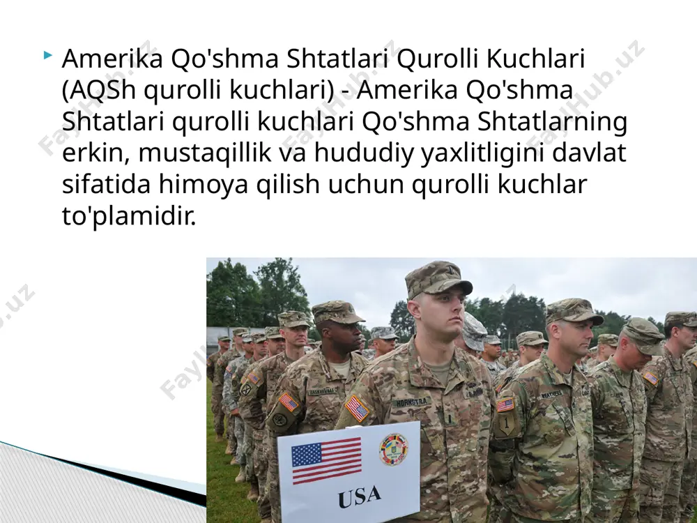 emada, dengiz piyoda qo’shinlarida esa 202 786 kishi bo'lgan. , sohil qo’riqchilari - 43 628 kishi qurolli kuchlarning bosh qo'mondoni, konstitutsiyaga ko'ra, qo'shma shtatlar prezidenti (2017 yil 20 yanvaridan - donald trump). qurolli kuchlarning rivojlanishining asosiy yo'nalishlarini belgilaydi va (mudofaa vaziri va qurolli kuchlar qo'shma va maxsus qo'mondonlik komandirlari orqali) va ularning ma'muriy rahbarligini (mudofaa vaziri va qurolli kuchlar vazirlari (kotiblari) orqali) shaxsiy tarkib - 125,247 milliard dollar kundalik faoliyat uchun - 179,788 milliard dollar. qurol, harbiy texnika va materiallarni sotib olish uchun - $ 104,216 mlrd. tadqiqot va rivojlantirish ishlari uchun - 79,616 milliard dollar harbiy ob'ektlarni qurish uchun - 21,197 milliard dollar. uy-joy bilan ta'minlanganlik uchun - 3,203 milliard dollar. zaxira fondlari - 2,173 milliard dollarni tashkil etadi mudofaa vazirligining 2009 yil uchun byudjeti 515,44 milliard dollarni tashkil etgan. stokgolm tinchlik institutining (sipri) boshqa ma'lumotlariga ko'ra, aqsh armiyasining irqiy tarkibi - oq amerikaliklar - 58,7%, afro-amerikaliklar - 26,4%, …