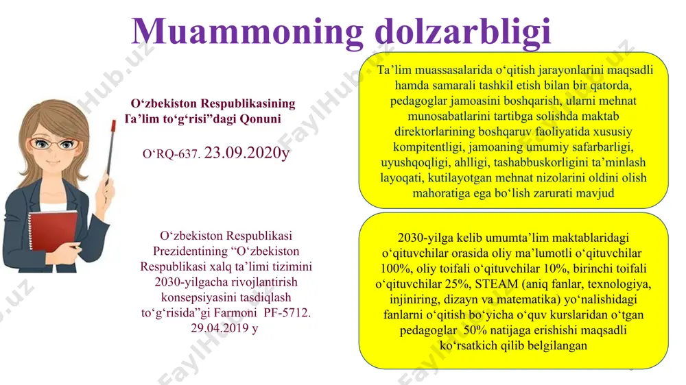 o'lishlari uchun maktab muassasalarining avtonomiyasini kuchaytirish . 2 maktab tizimi ko’pincha kuchli vertikal ierarxiyaga ega, bu ba'zan ochiq muloqot qilish va maktab xodimlarini boshqaruv jarayonlariga jalb qilishni qiyinlashtiradi. shaffoflik va ochiq muloqot: o‘qituvchilar va ota-onalarning fikrlarini hisobga olgan holda qarorlar qabul qilinadi shaffof boshqaruv amaliyotini amalga oshirish 3 ta’lim tizimlari asosan standartlar va qoidalarga rioya qilinadi, bu esa boshqaruvdagi moslashuvchanlik va innovatsiyalarga to'sqinlik qilishi mumkin. hissiy komponentga e’tibor: maktab rahbarlarining o'z xodimlarining ehtiyojlari va tajribasini yaxshiroq tushunishlari va ularga javob berishlari uchun hissiy intellektga e'tiborni kuchaytirishgan xorijiy mamlakatlardan muvaffaqiyatli amaliyotlarni joriy etish. xulosa. boshqaruvda jamoa ishonchini qozonish maktabning rahbariga bog‘liq jarayon. shunday ekan rahbar faqatgina boshqaruv uchun tayinlangan muayyan shaxs sifatida emas,balki liderlarga xos bo‘lgan xususiyatlar mujassam bo‘lgan menejer bo‘lishi kerak. adolatlilik shaffoflik liderlik tashabbuskorlik diplomatik qobilyatga egalik * t/r muammo muammoning yechimini amalga oshirish mexanizmi mas’ullar muddati natija 1 boshqaruvda shaffoflik va ochiqlikning yo‘qligi: maktab hayotidagi asosiy masalalar va …