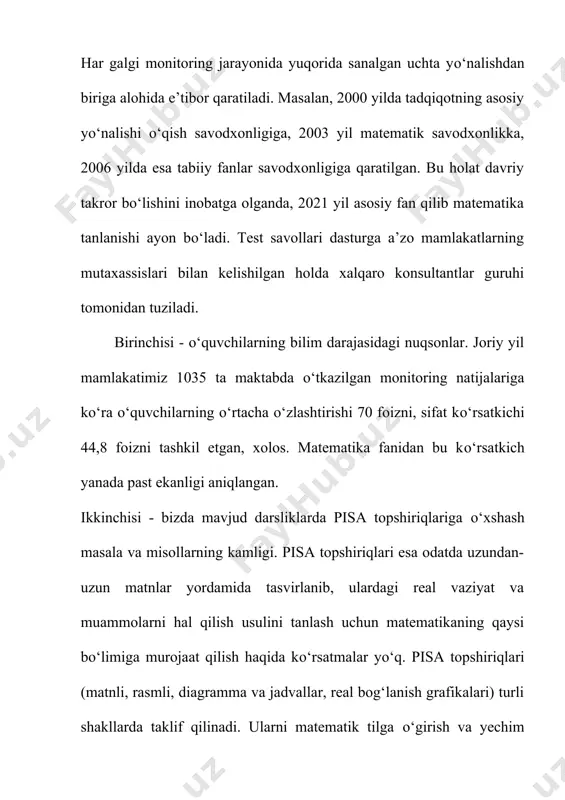 dqiqotlarni amalga oshirish milliy markazi hamkorligida tashkil etilgan konferensiyada xalqaro baholash dasturlari tadqiqotlariga tayyorgarlik natijalari sarhisobi, taʼlim sifatini baholash boʻyicha mahalliy ekspertlar tadqiqotlari natijalari tahlil etilmoqda. dunyoda yuzdan ortiq davlat oʻz mamlakatida joriy etilgan taʼlim sifatini xolisona baholash maqsadida pisa, timss, pirls, talis, egra hamda egma kabi xalqaro baholash tadqiqotlarida ishtirok etadi. jumladan, oʻzbekistonning ham birinchi marta pisa va boshqa xalqaro baholash tadqiqotlarida ishtirok etishi koʻzda tutilgan. davlatimiz rahbarining 2019-yil 29-apreldagi “oʻzbekiston respublikasi xalq taʼlimi tizimini 2030-yilgacha rivojlantirish konsepsiyasini tasdiqlash toʻgʻrisida”gi farmonida 2030-yilga borib pisa oʻquvchilarni baholash dasturi reytingi boʻyicha jahonning birinchi 30 ta ilgʻor mamlakati qatoriga kirishiga erishish boʻyicha vazifalar belgilangan. pisa, timss va pirls xalqaro baholash dasturlariga tayyorgarlik koʻrish maqsadida a.avloniy nomidagi ilmiy-tadqiqot instituti tomonidan “stesting” loyihasi doirasida 100 dan ortiq trenajyor video yaratildi va “stesting” platformasi ishga tushirildi. bu platforma oʻquvchilarning xalqaro baholash dasturlari doirasidagi topshiriqlar bilan ishlash koʻnikmasini shakllantirishga qaratilgan elektron tizim va video mahsulotlarni oʻz …