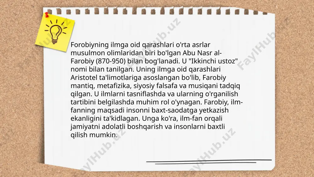 tomonidan yozilgan. asarda ilm-fan taraqqiyoti va uning insoniyat hayotiga ta'siri tasvirlanadi. pedagogik tahlilida, asar o’quvchilarning tanqidiy fikrlash qobiliyatini oshirishda muhim ahamiyatga ega. kitobda axloqiy qadriyatlar va ilmlar orasidagi bog’liqlik, hamda kelajakni qurishda ilmlarning ahamiyati ko’rsatib beriladi. asar o’z davrida yoshlar orasida katta qiziqish uyg’otgan va hozirgi kunda ham o’quv dasturlarining muhim qismi sifatida mavqeini saqlab kelmoqda. ... t.me/slaydai_bot 10. ustoz-shogird munosabatlari: forobiy va qoshg‘ariy qarashlari forobiy va mahmud qoshg‘ariyning qarashlari ustoz-shogird munosabatlariga katta ahamiyat bergan. forobiy ilm olish jarayonida ustozning o‘rni muhimligini ta'kidlagan va ustozlarga hurmat ko‘rsatishni tavsiya etgan. qoshg‘ariy esa ta'lim tizimida shogirdlarning ustozdan ko‘p narsa o‘rganishini va bu jarayonda hurmat va e'tiqodning muhimligini ta'kidlagan. ikkisi ham ilm-fan rivojiga hissa qo‘shish uchun ustoz-shogird aloqalarining mustahkam bo‘lishi zarurligini urg‘ulagan. bu qarashlar orqali ular madaniy va ilmiy merosning uzluksizligini ta'minlashga intilganlar. ... t.me/slaydai_bot forobiy va qoshg‘ariy ilm va axloqiy tarbiyani inson kamolotining asosiy omillari sifatida e'tirof etishgan. forobiy ma'naviy tarbiyani ilm …
