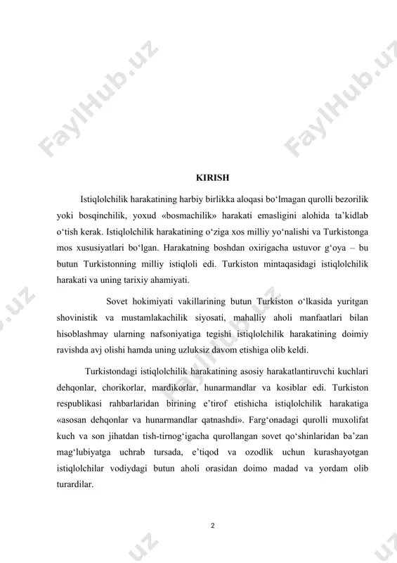 . mavzuning dolzarbligi. turkiston mintaqasidagi istiqlolchilik harakati va uning tarixiy ahamiyati. turkistondagi istiqlolchilik harakatining uyushgan bir shaklda namoyon bo‘lishida qo‘rboshilar ko‘rsatgan qayrat-shijoatni alohida ta’kidlab o‘tish kerak. o‘z vaqtida farg‘ona vodiysida kichik va katta ergashlar, madaminbek, shermuhammadbek, islom pahlavon, buxoro xalq respublikasida said olimxon (sobiq amir), ibrohimbek, mulla abdulqahhor, anvar posho, salim posho, davlatmandbek, jabborbek, oston g‘orovulbegi, o‘rmon polvon, hayit amin, fuzayl mahdum, doniyolbek, xorazm xalq respublikasida junaidxon, qo‘shmamedxon, temir alixon kabi qo‘rboshilar bu harakatni yagona kuchga birlashtirish uchun rahbarlikni birin-ketin o‘z qo‘llariga olsalar-da, lekin farg‘ona vodiysi, xorazm va buxorodagi istiqlolchilik harakati boshdan oxirigacha yagona markazga to‘liq uyusha olmadi. turkiston fidoyilarining ozodlik harakatini yagona markazga birlashtirish uchun izchil kurashayotgan madaminbek bilan anvar poshoning taqdirlari esa fojiali tugadi. mavzuning oʻrganilganlik darajasi. buxorodagi islohotchilik harakati ovrupodagi ilg‘or g‘oyalar ta’sirida xx asr boshlarida vujudga keldi. taraqqiyparvar milliy ziyolilar rossiyaga mustamlaka bo‘lgan bu o‘lkaning umumjahon taraqqiyotidan tobora ortda qolayotgani, iqtisodiy, diniy, ma’naviy sohada yuzaga kelgan …
