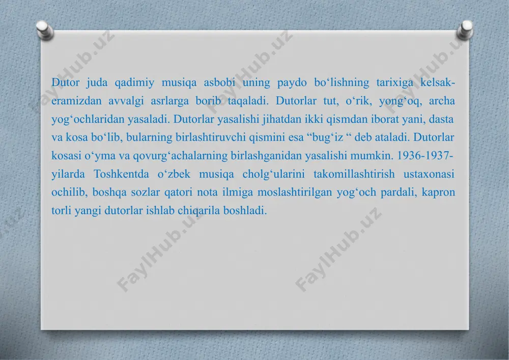 uzunligi har hil bo‘lib ishlangan. lya va re ga sozlanib, umumiy ovoz hajmi kichik oktavadagi lya tovushidan ikkinchi oktava re tovushigacha sozlanadi. dutor alt-ikki tor degan ma’noni anglatadi. dutor asrdan-asrga o‘tib, o‘zbek xalqiga madaniy xizmat qilib kelayotgan milliy musiqa cholg‘ularidan biri hisoblanadi. bu cholg‘u faqat o‘zbek xalqining cholg‘usi bo‘lmay, balki bizni qardosh tojik, uyg‘ur, qoraqolpoq, turkman xalqlarining sevimli cholg‘usi hisoblanadi. dutor kvarta-kvinta, oktava va unisonga ham sozlanadi. dutorgao‘xshash cholg‘uni qozoqlarda “do‘mbira“, qirg‘izlarda “qo‘buz deb ataladi. dutorlar to‘qqiz tuzilishga ega: 1.dastasi 2.kosasi 3.asosiy harak 4.shayton harak 5.quloqlari 6.pardalari 7.tiqn ya’ni simni ko‘taruvchi 8.ovoz joyi 9.simlari ya’nilya va mi dutorning kosasi o‘yma va qovurg‘achalarning birlashganidan yasalishi mumkin. “o‘yma dutor“-samarqand, xorazm, tojikistonda va turkmanistonda qo‘llanilib, bir bo‘lak tut yog‘ochidan o‘yib ishlanadi. qovurg‘ali dutor ham tut yog‘ochidan ishlanib, 8-10 santimetr bo‘lak yupqa taxtachadan egib birlashtiriladi. kosa ustiga yopishtiriladigan qopqoq ham tut yog‘ochidan tayyorlanadi. odatda dutor yasaladigan tut yog‘ochi soyada quritiladi. dutorning umumiy uzunligi 1200-1300 …