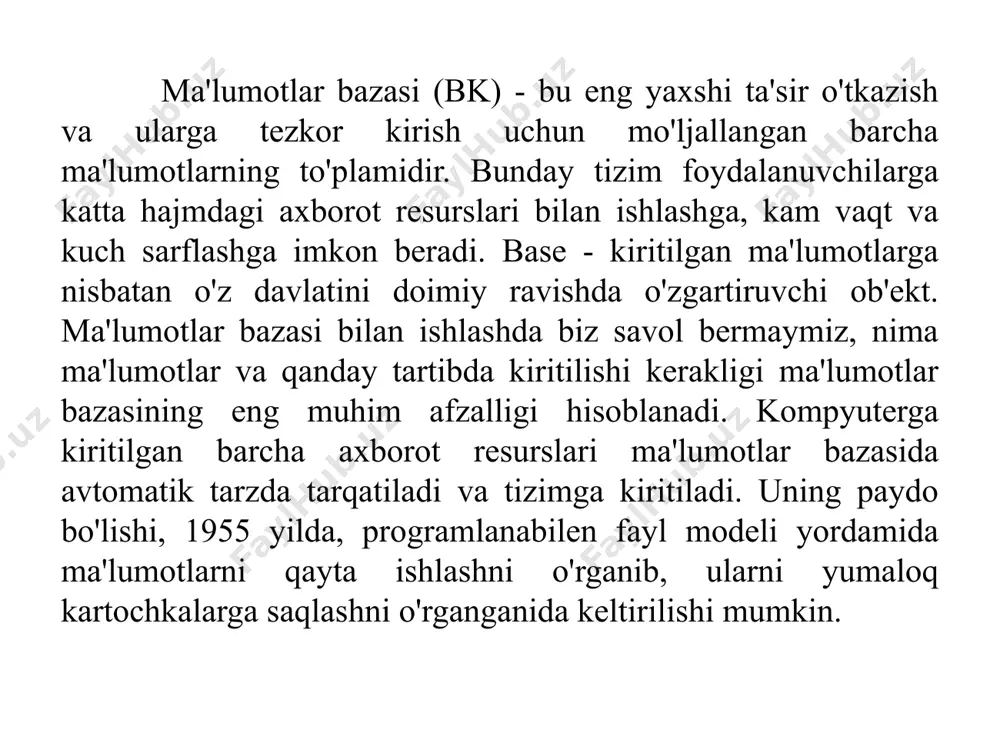 arida ob`ektning faqat ma`lum xususiyat va munosabatlarini aniqlashda ham foydalaniladi. modellarni tanlash vositalariga qarab uni uch guruhga ajratish mumkin. bular abstrakt, fizik va biologik guruhlar. abstrakt modellar qatoriga. matematik, matematik-mantiqiy va shu kabi modellar kiradi. fizik modellar qatoriga kichiklashtirilgan maketlar, turli asbob va qurilmalar, trenajyorlar va shu kabilar kiritiladi. mashina muhitida ma’lumotlarni tashkil etish ikki pog‘onadan iborat bo‘lib, mantikiy va fizik pog‘onalar bilan xarakterlanadi. ma’lumotlarni bevosita fizik tashkil etishda ularni mashina "tashuvchisi"da joylashtirish usuli aniqlab olinadi. zamonaviy amaliy dasturlar vositalarida ma’lumotlarni tashkil etishning bu pog‘onasi avtomatik ravishda foydalanuvchi aralashuvisiz ta’minlanadi. odatda, foydalanuvchi amaliy dasturlar vositalarining ma’lumotlarni mantiliy tashkil etish xakidagi tushunchalar bilan operatsiyalar bajaradi. mashina "tashuvchisi"da ma’lumotlarni mantikiy tashkil etish, foydalanilayotgan dasturiy vositalardan va mashina muxitida ma’lumotlar bilan yuritishdan bog‘liq. ma’lumotlarni tashkil etishning mantikiy usuli foydalanilayotgan ma’lumotlar tuzilishining turi va dasturiy vositalar orkali qullaniladigan modelning shakli aniqlanadi. ma’lumotlarning modeli - bu ma’lumotlar uzaro boglangan tuzilishlari va ular ustida bajariladigan operatsiyalar …