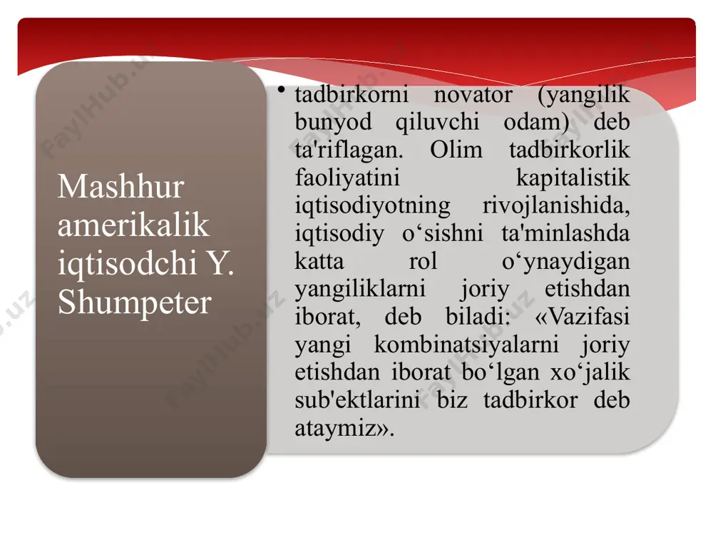 dalarni ko‘zlagan holda daromad olish uchun sarflanayotgan mablag‘ bilan bog‘liq faoliyatdir. tadbirkor faoliyati predmetini tashkil etuvchi barcha narsa iste'molchining ijobiy bahosiga ega bo‘lgan hîëäàãèíà amalga oshirilishi mumkin. iste'molchi ham, davlat, ham, yollanma (ishchi) xodim ham tadbirkorlik faoliyati sub'ektlari qatoriga kiradilar. tadbirkorning o‘zi tadbirkorlik faoliyatining asosiy sub'ekti hisoblanadi. tadbirkorning asosiy maqsadi o‘z iste'molchilariga ega bo‘lish yo‘lida tovarga ehtiyojni aniqlashdan iboratdir. tadbirkor o‘z iste'molchilarini shakllantirishda quyidagi asosiy omillarni hisobga olishi kerak - tovarning yangiligi va uning xaridor manfaatiga mos kelishi; - tovar yoki xizmatlarning sifati; - tovar yoki xizmatlarning narxi; - tovarning universallik darajasi; - tovarning tashqi ko‘rinishi, uning xaridor talabiga mosligi; bozor iqtisodi sub'ektlari xo‘jalik faoliyatida “tadbirkorlik” va “biznes” tushunchalarini bir-biri bilan bog‘liq va amaliy jihatdan bir-birining o‘rniga qo‘llash mumkin. lekin “biznes” tushunchasi tadbirkorlikka qaraganda biroz kengroq tushunchadir. tadbirkorlik faoliyati biznesning bir shakli sifatida maydonga chiqadi. “biznes” - so‘zi inglizcha so‘z bo‘lib, u tadbirkorlik faoliyati yoki boshqacha so‘z bilan aytganda kishilarni …