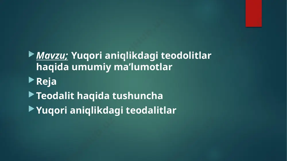 220 va 135 mm ni tashkil qiladi. bu as­ boblar bir necha o‘n yillar davomida yuqori aniqlikda astronomik kenglik, uzoqlik va azimutlarni (laplas punktlarida) aniqlashda xizmat qildi. 1940-yilda «aerogeopribor» zavodi yuqori aniqlikdagi optik teodolit ot-02 birinchi partiyasini ishlab chiqdi. bu asboblar 2–4-sinf geodezik tarmoqlarda burchak o‘lchashga mo‘ljallan­ gan edi. 1965-yilda bu asbob birmuncha mukammallashtirilib ot-02m shifri bilan ishlab chiqildi. 1968-yilda tt-2/6 teodoliti o‘rniga yuqori aniqlikdagi t05 teodoliti­ ishlab chiqa boshlandi, uning aniqligi 0,5'' ni tashkil qi­ l 1968-yilda tt-2/6 teodoliti o‘rniga yuqori aniqlikdagi t05 teodoliti­ ishlab chiqa boshlandi, uning aniqligi 0,5'' ni tashkil qi­ ladi. teodolit t05 boshqa optik teodolitlarga o‘xshash ishlash uchun qulay, tt-2/6 ga nisbatan kichik o‘lcham va massaga ega, aniqligi bo‘yicha esa undan aniqroq. t05 teodoliti ikkita asosiy qismlardan: ostki va ustki qism­ lardan tashkil topgan bo‘lishi zarurat bo‘lganda (masalan, uzoq muddatga saqlashda, boshqa joyga olib borishda va h.k.) ular ajra­ tilib boshqa-boshqa qutilarga solinadi. teodolitning ostki …