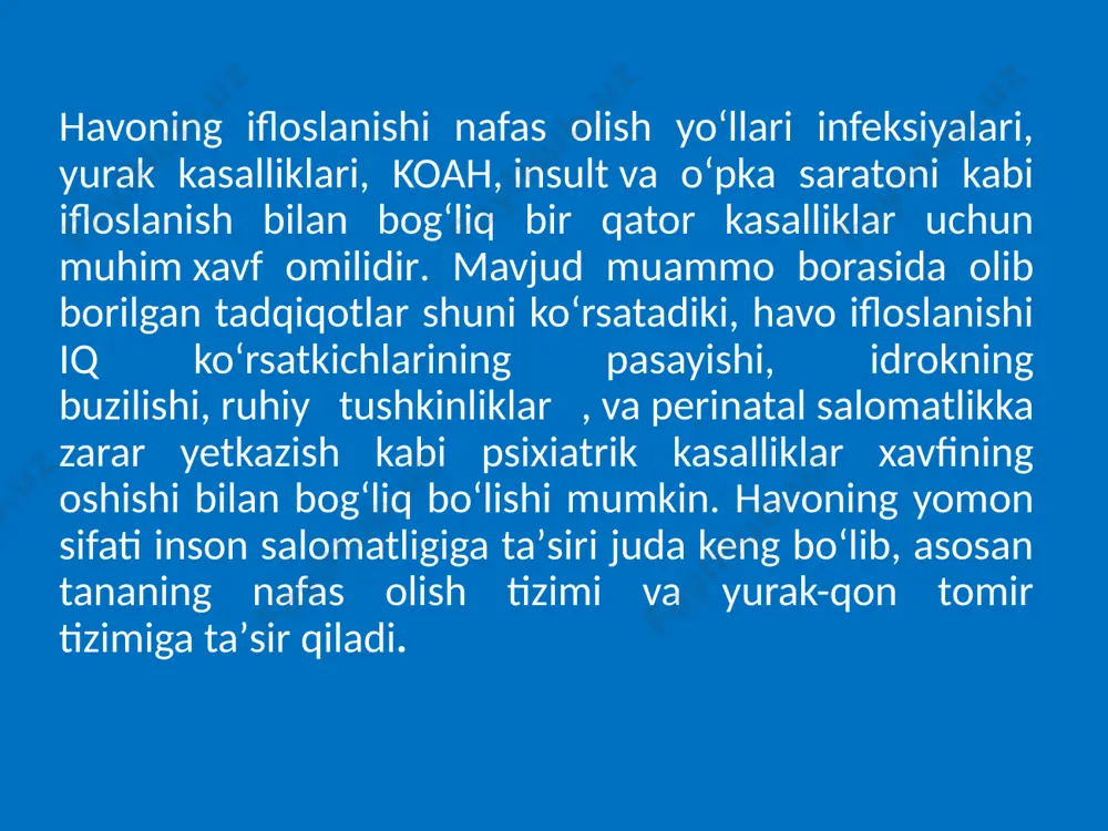 jak avlodlarga toza dunyo qoldirish barchamizning mas'uliyatimizdir. qayta tiklanadigan energiya manbalaridan foydalanish, chiqindi boshqaruvi, yashil hududlarni himoya qilish va atrof-muhitga do'st mahsulotlarni tanlash, atrof-muhit ifloslanishiga qarshi kurashda muhim qadamlardir. adabiyotlar: 1. abdullaev o., toshmatov z., uzbekiston ekologiyasi bugun va ertaga. t. fan, 1992 y. 2. rafikov a.a., geoekologik muammolar. t.ukituvchi, 1997, 112b. 3. otaboev sh., nabiev m. inson va biosfera. t.ukituvchi, 1995, 320 b. 4. tuxtaev a.s. ekologiya. t.ukituvchi, 1988, 192b. 5. www.ziyonet.uz image1.png image2.jpeg image3.jpeg image4.jpeg /docprops/thumbnail.jpeg
