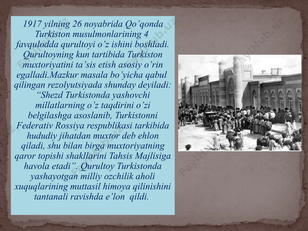 turkistonni burjua rossiya respublikasi tarkibida bo’lishini istardilar. milliy ozodlik urushi jarayonida qarshilik ko’rsatish harakatining yo’lboshchilari - qo’rboshilar yetishib chiqdilar. ayniqsa kichik va katta ergashlar, madaminbek, shermuxammadbek, ibroximbek laqay, mulla abduqaxxor, junaydxon qo’rboshilar harakatda muhim rol o’ynadilar. sovet hokimiyati farg’onada boshlanib ketgan xalq harakatiga to’g’ri siyosiy baho bermadi. partiya va sovet rahbarlari bu qurolli harakat ag’darib tashlangan ekspluatator sinflar - burjuaziya, feodallar va ruhoniylar sinfiy kurashining bir shakli deb baholadilar. shunga yarasha xalq harakatini tugatishning birdan-bir yo’li kuch ishlatish deb ehtirof etildi. sovet hokimiyati mahalliy xalqni qarshilik ko’rsatishga “xomiylik qilish”, ularni qo’llab-quvvatlashda ayblab, aholiga nisbatan terror usulini qo’llay boshladi. turkiston assr markaziy ijroiya komiteti bu talabni inobatga olib, 1919 yilning 7 mayida umumiy avf e’lon qildi. lekin bu tadbir ko’tilgan natijani bermadi, chunki “harbiy kommunizm” siyosati doirasida amalga oshirilgan chora-tadbirlar, ya’ni oziq-ovqat razvyortkasining joriy etilishi, g’alla monopoliyasi, bozorlarni bekitish va hokazo - ijtimoiy-siyosiy vaziyatni yanada keskninlashtirdi va qarshilik ko’rsatish saflariga yangidan-yangi …