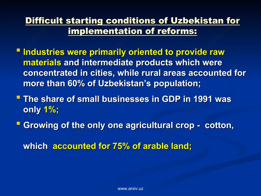 or fleets, 278 outlets for storing and distributing agricultural products were established. agriculture www.arxiv.uz www.arxiv.uz * number of commercial banks - 29, incl. 9 private banks, 5 banks with foreign investment. assets of commercial banks - 5.6 trln. soum (12.5% increase). number of issued plastic cards – 2 mln. (5-fold increase). 10 leasing companies. 23 investment companies. banking and financial sector in 2005 commercial banks' capital growth (bln. soum) www.arxiv.uz www.arxiv.uz * investments and credits in 2002-2004 ($ 2406 mln.) cooperation with russia in sphere of energy (2005-2006): $ 2.5 bln. may 2005, china: agreements signed on a total amount of $ 1.5 bln. march 2006, korea: agreements signed on a total amount of $ 1.8 bln. www.arxiv.uz eu 726.6 ifi 391.1 usa 262.8 turkey 223.3 israel 203.5 korea 191.7 japan 158.3 switzerland 91 china 59 middle east 31.3 russia 27 www.arxiv.uz * industry of uzbekistan nowadays consists of more …