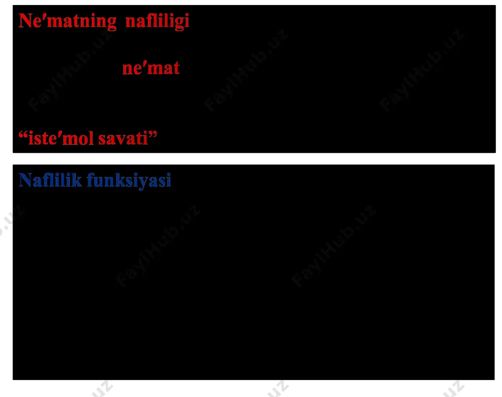 ksimal qiymatiga erishadi. umumiy naflilik va chekli naflilikning o`zgarishi nolga teng bo`ladi. (mu) naflilik maksimal erishganda, q* naflilik umumiy nuqtada darajaga chekli boradi (b-rasm). chekli kamayib bunda (mu) (q) bilan (tu) boradi (a- oshib ham rasm). naflilk ko`rinib turibdiki, iste′mol qilinadigan ne′mat miqdorining oshib borishi umumiy naflilik ijtomoiy omillar iste′molchilarning ne′matga bo`lgan munosabati bilan uzviy bog`liqlikka ega. ayrim iste′molchilar ko`pchilikka taqlid qilishni yoqtiradi va ko`pchilik nimani xarid qilsa, o`shani olishni ma′qul ko`radi. x. leybenstayn ijtimoiy omillar ta′sirida shakllanadigan talabni ajratgan: 1. ko`pchilikka ergashish samarasida iste′molchi atrofdagilar va modadan ortda qolmaslikka tirishib, ko`pchilik nimani ma′qul ko`rsa shuni xarid qilishga moyil bo`ladi. bunda talab elastikligi yuqori va talab chizig`i yotiq bo`ladi. 2. snob samarasida iste′molchining atrofdagilardan ajralib turishga ishtiyoqi baland boladi. bu yerda ham uning tanlovi atrofdagilar hatti harakatiga bog`liq, ammo bu teskari bog`liqlik. snob samarasi boshqa insonlar shu ne′matni iste′mol qilishi ta′sirida talabda yuz beradigan teskari o`zgarishni ifodalaydi. ya′ni, agar atrofdagilar …