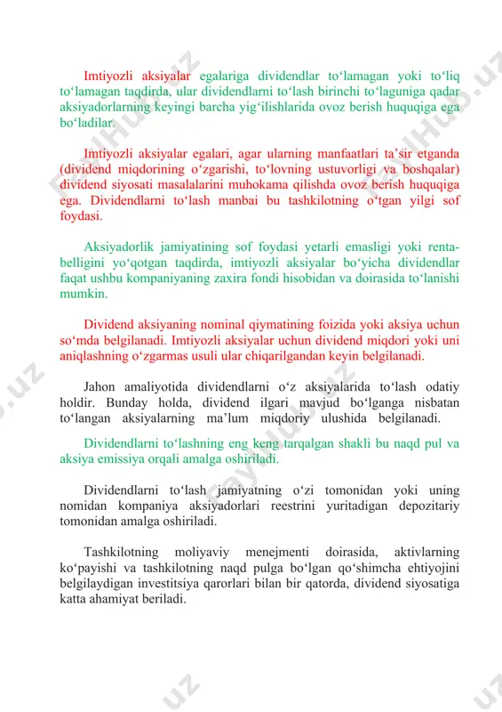dan va doirasida toʻlanishi mumkin. dividend aksiyaning nominal qiymatining foizida yoki aksiya uchun soʻmda belgilanadi. imtiyozli aksiyalar uchun dividend miqdori yoki uni aniqlashning oʻzgarmas usuli ular chiqarilgandan keyin belgilanadi. jahon amaliyotida dividendlarni oʻz aksiyalarida toʻlash odatiy holdir. bunday holda, dividend ilgari mavjud boʻlganga nisbatan toʻlangan aksiyalarning ma’lum miqdoriy ulushida belgilanadi. dividendlarni toʻlashning eng keng tarqalgan shakli bu naqd pul va aksiya emissiya orqali amalga oshiriladi. dividendlarni toʻlash jamiyatning oʻzi tomonidan yoki uning nomidan kompaniya aksiyadorlari reestrini yuritadigan depozitariy tomonidan amalga oshiriladi. tashkilotning moliyaviy menejmenti doirasida, aktivlarning koʻpayishi va tashkilotning naqd pulga boʻlgan qoʻshimcha ehtiyojini belgilaydigan investitsiya qarorlari bilan bir qatorda, dividend siyosatiga katta ahamiyat beriladi. dividend siyosatining oʻziga xos xususiyatlarini hisobga olmasdan moliyaviy menejerlar moliyalashtirish manbalarining tuzilishi va tashkilotning investitsiya siyosatining yoʻnalishlari toʻgʻrisida qaror qabul qila olmaydilar. dividend siyosati - bu korxona kapitaliga qoʻshgan hissasiga muvofiq egalariga toʻlanadigan foyda ulushini shakllantirish sohasidagi tashkilot siyosati. kompaniyaning dividend siyosati quyidagi prinsiplarga asoslanadi: …