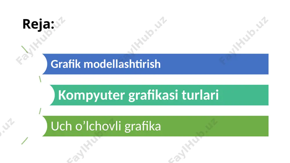 kiladi. rastrli grafikadan rakamli fotosuratlar va skanerdon olingan rasmlar bilan ishlash uchun foydalaniladi. kompyuter grafikada dyuymdagi piksellar soni (dpi) asosiy shart bo’ladi. rang xolatlari shu bilan birga monitorning ko’rsatish va printerning chiqarish sifati - dyuymga piskellar soni (dpi) (72 yoki 96 dpi) va dyuymga chiziqlar soni (ipi) (300-2400 dpi lazerli, sepuvchi printerlar uchun va 75-200 dpi matritsali printerlar uchun), hamda kompyuter ranglar sifati (2, 16, 256, 32 000, 16 000 000 ranglar soni) ham katta ahamiyatga ega bo’ladi. rang xolatlari - ranglarni chiqarish va ko’rsatish yo’li. rang xolatlari 2 xil bo’ladi: rgb (qizil, zangori, ko’k) monitorlarda tasvir ko’rsatishda foydalaniladi, cmyk (xavorang, purpur, sarik, ko’ra) bosmada foydalaniladi. rgb xolatidagi ranglar soni cmyk xolatga qaraganda ko’proq. rastrli grafika kamchilari har bir tasvirni aks ettirish va kodlash uchun katta hajmdagi xotira maydonlari talab etiladi mayda detallarni ko’rish uchun tasvirni kattalashtirib bo’lmaydi vektorli grafika vektorli grafika – uning tasvirni aks ettirishda asosiy elementi chiziq …