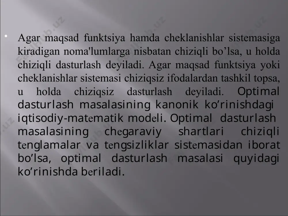 ming so’m, 2-sining narxi 16 ming so’m. fabrika har kuni 25 kg bodom, 113 kg yer yong’oq, 20 kg shakar sotib oladi. uyga berilgan topshiriq savollar: 1-shirinlik tayyorlashda qancha shakar olinsin? maksimal foyda olish uchun 2- shirinlikda miqdori qancha bo’lishi kerak? har kun ishlab chiqarilayotgan maxsulotning umumiy hajmi qancha? maksimal foyda qancha? bodom xaridini 5kg ga oshirsa foyda qanchaga ko’payadi? mustaqil bajarish uchun 1. matematik munosabatlar klasterini tuzing. 2. modellashtirilayotgan obyekt xossalari. 3. matematik modelga doir misol tuzing. eslatma: uyga berilgan topshiriqlar maruza konspektiga yoziladi; topshiriqlar amaliy daftarga yoziladi; mustaqil ish topshiriqlari mustaqil ish daftariga yoziladi.