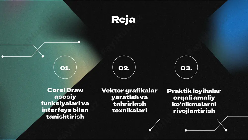 qilinadi. vektor grafikalarni tahrirlash vektor grafikalarini tahrirlashda shakllarni o'zgartirish, rang va effektlar qo'shish muhim. gradient, shovqin va filtrlar yordamida grafikaga chuqurlik va jonlilik qo'shish mumkin. qatlamlar bilan ishlashda yangi qatlamlarni qo'shish, o'chirish va tartibni boshqarish muhim. bu, murakkab kompozitsiyalar yaratishda qulaylik keltiradi. vektor grafikalarni svg, ai yoki pdf formatlarida eksport qilish va ularni internetda optimallashtirish, fayl hajmini kamaytiradi va sifatni saqlaydi. praktik loyihalar: kirish corel draw dasturida amaliy ko'nikmalarni rivojlantirish uchun loyiha ishlari muhimdir. bu jarayon orqali kreativ fikrlash, texnikani mustahkamlash va real ish tajribasini olish mumkin. loyihalar yordamida nazariy bilimlar amaliyotga ayladi. amaliy loyihalar misollari corel draw'da amaliyot uchun misollar turli xil amaliy loyihalar: logotip, banner va infografika. har bir loyiha uchun muhim ko'nikma va texnikalar aniqlanadi. bu loyihalar orqali nazariy bilimlarni amaliyotda qo'llash mumkin. har bir loyiha uchun grafik elementlar va dizayn tamoyillari muhim. logotipda oddiylik, banner uchun muvofiqlik va qiziqarli dizayn, infografikada aniq ma'lumotlar muhim. tajriba oshadi. …