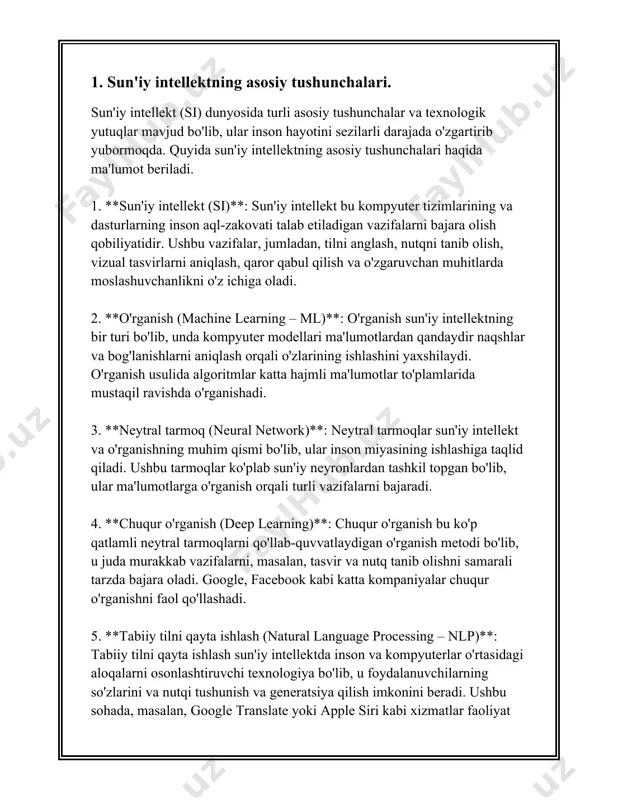 mlari bo'lib, ular o'zlari atrofidagi muhitga javob qaytarish va maqsadlariga erishish uchun mustaqil ravishda harakat qila oladi. 10. **mashinani tushunish (perception)**: mashinalar yoki robotlar muhitni sezib-tanish qobiliyatidir, ya'ni ko'rish, eshitish kabilarni o'z ichiga oladi. masalan, avtobuslarga o'rnatilgan kameralar yordamida qoidabuzarliklar aniqlanadi. so'nggi yillarda sun'iy intellekt texnologiyalari tez sur'atlar bilan rivojlanmoqda va bu jarayon kelajakda ham yanada jadallashadi. birlashgan millatlar tashkilotining ma'lumotlariga ko'ra, 2030 yilga kelib sun'iy intellekt global iqtisodiyotga 15 trillion aqsh dollaridan ortiq foyda keltirishi kutilmoqda. sun'iy intellekt inson hayotining turli jabhalariga kirib borishi bilan uni jamiyatda to'g'ri qo'llash va boshqarish muhimdir. 2. mashinani o'rganish usullari va algoritmlari. mashinani o'rganish - bu sun'iy intellektning bir qismi bo'lib, ushbu sohada tadqiqotchilar kompyuterlarga ma'lumotlardan o'rganish va tajriba asosida qarorlar qabul qilish imkoniyatini beradilar. bu jarayon mashinaga o'z-o'zidan mustaqil tarzda yaxshilanadigan algoritmlar ishlab chiqarishni o'z ichiga oladi. quyida mashinani o'rganishda foydalaniladigan ba'zi asosiy usullar va algoritmlar haqida ma'lumot beriladi. 1. **nazoratli o'rganish**: …