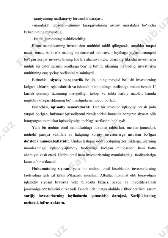 ‘batlantirish orqali amalga oshiradilar. shunisi xarakterliki, kapitalni chetga chiqarish uni jalb qilishga nisbatan kam darajada tartibga solinib turiladi. davlat tartibga solishning quyidagi usullaridan foydalanadi: 1) moliyaviy: jadallashtirilgan amortizatsiya; soliq imtiyozlari; subsidiyalar, qarzlar berish; kreditlarni sug‘urtalash va kafolatlash; 2) nomoliyaviy: yer uchastkalari ajratish; zaruriy infrastruktura bilan ta’minlash; texnik yordam ko‘rsatish. xalqaro investitsiyalarni tartiga solish bo‘yicha muhim amaliy hujjatlardan biri - osiyo-tinch okeani hamkorligi tashkiloti doirasida ishlab chiqilgan xorijiy investitsiyalarning «ko‘ngilli kodeksi»dir. kelajakda umumjahon savdo tashkiloti (ust) tomonidan foydalanilishi mumkin bo‘lgan ushbu «kodeks» da quyidagi investitsion tamoyillar qayd etilgan: · transparentlik; · donor-mamlakatlarga nodiskriminatsion yondashuv; · xorijiy investorlar uchun milliy rejim; · investitsion rag‘batlarni sog‘liqni saqlash, havfsizlik va atrof-muhitni muhofaza qilishni ta’minlash bilan mos tushishi; · savdoni va kapital qo‘yilmalar o‘sishini chegaralovchi investitsiyalarga bo‘lgan cheklovlarni minimallashtirish; · investitsiyalarni ekspropriatsiya qilinishidan voz kechish (bunda ijtimoiy maqsadlar uchun va milliy qonunchilik doirasida, nodiskriminatsiya asosida, xalqaro huquq qoidalariga amal qilgan holda va yetarli va samarali …