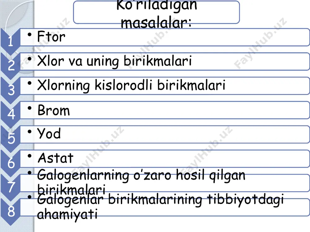 ori aktivligi uning molekulasining dissotsialanish energiyasi kichikligi (159kj/mol) bilan tushintiriladi. ftor suvda eritilsa, erish o’rniga shiddatli ta’sirlash yuzaga keladi. ftor atmosferasida hatto shisha ham yonadi. ftor barcha oddiy moddalar bilan hatto sovuqda ham oson ta’sirlashadi. fosfos va oltingugurt ftor bilan -190°c da ta’sirlashadi kremniy odatdagi sharoitdayoq ftor bilan shiddatli reaksiyaga kirishadi. ftor ishqorlar bilan ham ta’sirlashib, unda ftor oksidini hosil qiladi: ftor va kislorod aralashmasiga elektr razryadi ta’sir ettirib kislorod diftorid olingan: kislorod va azot ftor bilan to’g’ridan to’g’ri birikmaydi. ftor vodorod bilan hatto qorong’ida juda past haroratda (-250°c) ham ta’sirlashadi: image11.png