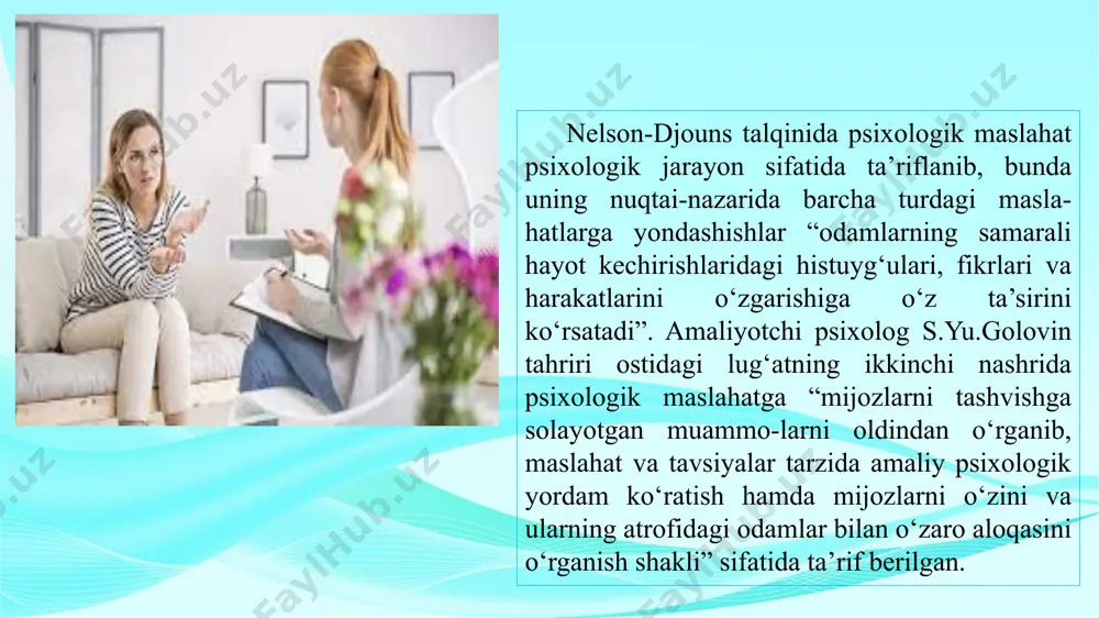 bir psixologik xususi-yatlar bilan muammoni hal etishning dastlabki bosqichida mustaqil harakat qila olmaydi. bunday xususiyatlar yuqori darajali agressivlik, refleksiya va ishonchsizlikdan iborat. bundan tashqari olib borilgan izlanishlar natijasida mijozda bir emas bir necha muammolar yuzaga kelishi mumkin. bu holatda har qanday muammo yechimini hal etish ma’lum miqdordagi uchrashuv-larni tashkil etishni talab etadi. mijozning maslahat jarayonida psixologik yordam bo‘yicha murojaat-larida muammoning xiliga qarab, psixologik maslahatni quyidagi turlarga bo‘lish mumkin: - yakka tartibdagi maslahat (shaxsiy rivojlanishidagi muammolar; ichki ziddiyatlar; tahlikalar; psixologik jarohatlar; o‘zaro shaxsiy munosa-batlardagi muammolar); - er-xotin o‘rtasidagi munosabatlar muammosi bo‘yicha maslahat (o‘zaro munosabatdagi muammolar; jinsiy muammolar; nikoh va uni bekor bo‘lgan davridan keyingi holatlar); - oilaviy maslahat (hozirgi va sobiq (nikoh bekor bo‘lgan paytda) qarindoshlar bilan o‘zaro munosabatlar muammosi, psixologik va pedagogik muammolar, bolalar bilan o‘zaro munosabatlardagi muammolar); - kasbiy maslahat (kasb tanlash, kasbiy faoliyati, mehnat bo‘lgan layo-qati samarasini oshirish uchun zarur bo‘lgan qobiliyatlarini takomil-lashtirish; - tashkiliy ishlar bo‘yicha maslahat …