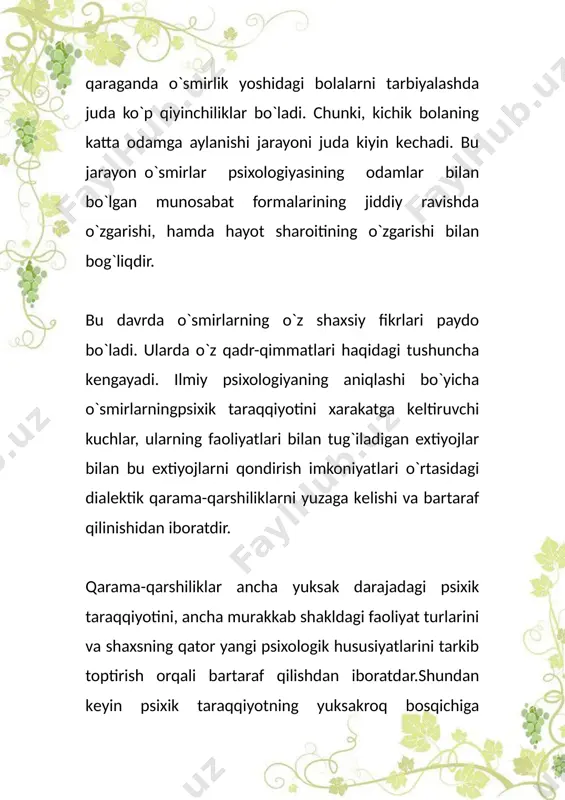 arab chiqaylik. bola boshlang`ich sinfni tugatadi. bolaning o`rta maktabda o`qishga o`tishi uning hayotida burilish davri hisoblanadi.o`smirlarning yangi ijtimoiy jixatdan tashkil topgan va rang-baranglantirilgan faoliyatni uning psixologik hamda shaxsning tarkib topishiga asos, sharoit va vosita xizmat qiladi. shunday qilib, o`smirlarga ta’lim-tarbiya bеrishning yangi to`g`ri usullari hamda vositalarni topishi uchun o`smirlik yoshining o`ziga xos hususiyatlarini jismoniy va psixologik taraqqiyotini yaxshi bilishimiz kеrak. o`smirlik yoshining mazmuniy xaraktеritsikasi vaqt o`tishi bilan o`zgarib boradi, chunki inson xayotining xususan ijtimoiy sharoitlari o`zgaradi. foydalanilgan manbaa:elib.buxdu.uz image1.jpeg