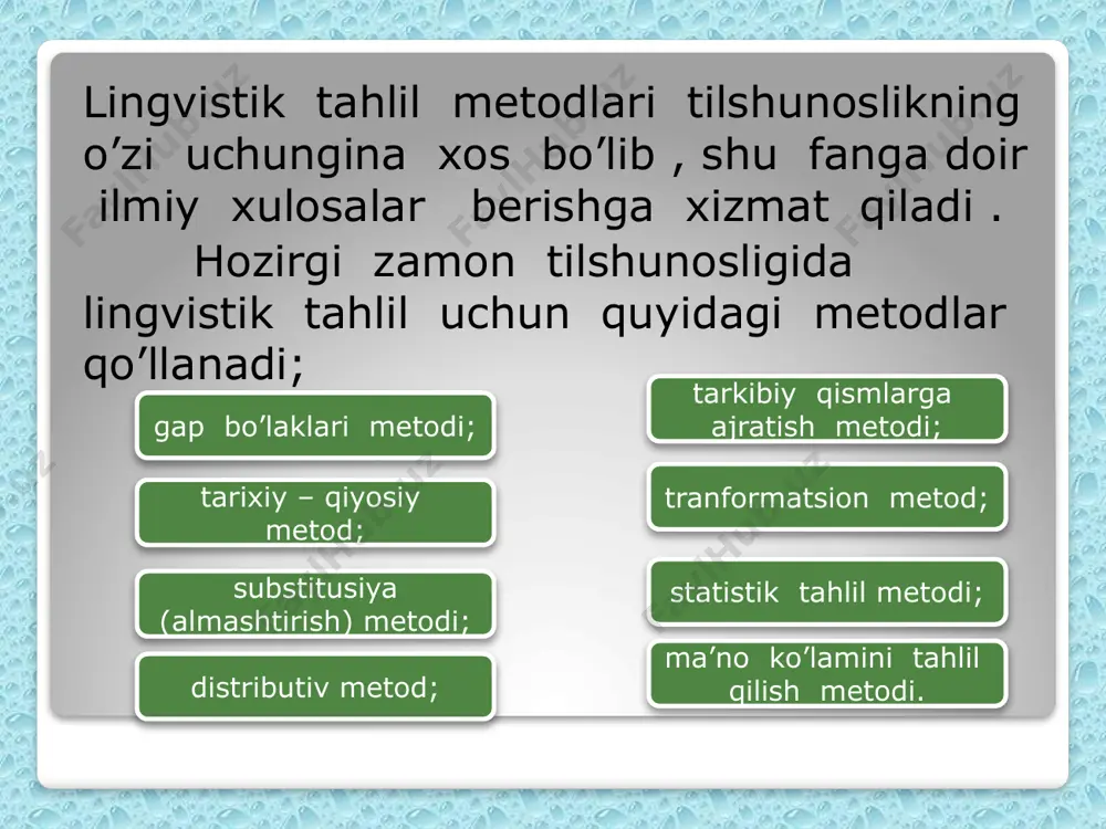 m etadi. bu uslubga asosan har qanday butunlik, xususan, gap hokim va tobelik munosabatida bo'lgan qismlardan iboratdir va ular bevosita bo'ysunish-iyerarxiya prinsipiga amal qiladi. gap avval ikki ishtirokchi qismga va so'ngra har bir ishtirokchi qism yana ikki ishtirokchi qismlarga ajratiladi. bu ish to oxirgi ikki eng kichik ma'no anglatuvchi birlik aniqlanguncha davom etadi. masalan: transformatsion metod bu uslub zamonaviy uslublar ichida eng mukammali hisoblanadi. chunki u tildagi sintaktik jarayonlarni tushuntirish imkoniga egadirj transformatsion uslub ta'limotiga binoan tilning sintaktik tuzilishi asosida elementar yadro gaplar yotadi. bu elementar sintaktik strukturalarning o'zgarishi yangi turdagi mukammalroq strukturalarning (sintaktik birliklarni: so'z birikmalari, gaplarning) yuzaga kelishiga sabab bo'ladi. har bir murakkab gap boshqa bir elementar (yadro) gapning o'zgarishi natijasidir. bu uslub go'yo til paydo boigan vaqtdan boshlab, tilning to hozirgacha bo'lgan rivojlanish bosqichlarini o'z ichiga oladi. ba'zi olimlarning fikrich'a, tillarning rivojlanish bosqichlarini bolalar nutqi misolida ko'rish mumkin. bolalar nutqini o'rganish shuni ko'rsatadiki, ular dastlab ayrim tovushlarni, …
