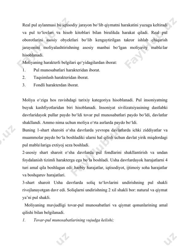 zarur bo‘lgan shunday sohalar mavjudki ularni to‘laqonli amal qilishida davlat bosh pozitsiyada bo‘ladi (masalan mudofaa, ijtimoiy ximoya tizimlari va boshqalar). davlat turli xil institutsional tizimlar vositasida iqtisodiy siyosatni amalga oshiradi. tartibga solish sohalari: davlat moliyasi, pul muomalasi, naqdpulsiz hisob kitoblar, valyuta kurslari, iqtisodiy xavfsizli va boshqalar. +ayta taqsimlash funksiyasi. yaratilgan milliy daromad ishlab chiqaruvchilar va iste’molchilar o‘rtasida qayta taqsimlashning obyekti hisoblanadi. bunday qayta taqsimlanishining mexanizmi sifatida soliq va budjet tizimi hisoblanadi. ijtimoiy funksiyasi. utish davrining asosiy muammosi hisoblanuvchi ijtimoiy ximoya tizimlarini shakllantirish va aholining kam ta’minlangan qatlamini ximoya qilish davlatning asosiy funksiyasi hisoblanadi. bu funksiyaning amal qilish mexanizmi: ijtimoiy transfertlar tizimi, respublika va mahalliy darajadagi ijtimoiy dasturlar, adresli ijtimoiy yordamlar. davlatning iqtisodiy roli va funksiyasi ijtimoiy iqtisodiy jarayonlarni tartibga solishning moliyaviy siyosatini va moliyaviy usullarini aniqlab beradi. tovar pul munosabatlarining mavjudligi. har qanday pul munosabatlari ham moliyaviy munosabatlar tarkibiga kiritilmaydi. masalan, bank kreditlarini olish va uni qaytarish jarayoni, kreditorlik qarzlarini …