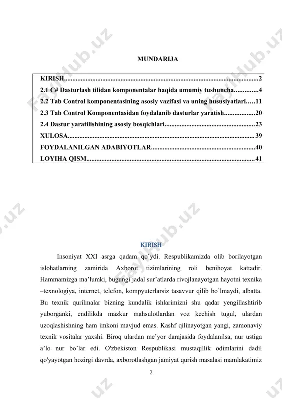 larni yechib o’rganish zarur. buning uchun dasturlash tilini ishlash jarayonini bilish kerak. biz bu dasurlash programmasidan yuqori sifatli foyda olishni xohlasak, biz bu programma bilan aktiv ishlashimiz kerak. hozirgi vaqtga kеlib kompyutеr olamida ko’plab dasturlash tillari mavjud. paskal, с++, c# dasturlash tillaridir. с# dasturlash tili univеrsal tildir. ishlatiladigan bir qancha dasturlar с# tilida yozilgan. men ”dasturlash asoslari” fanidan kurs ishi bajarish davomida c# dasturlash tilida tab control komponentasi yordamida dasturlar yaratishni maqsad qilib oldim. c# dasturlash tilining imkoniyatlari bilan tanishishni, tab control komponentalari, uning dasturdagi asosiy vazifalarini o’rganishni maqsad qilib oldim. kurs ishining dolzarbligi: ushbu kurs ishi hozirgi kunda kompyuterda berilgan masalalarni dasturlash tillari orqali yechish va dasturda turli xildagi komponentalar, turli ob’yektlar, metodlar tushunchalaridan foydalanish kabi vazifalarni o`rganishga olib keladi. kurs ishining maqsadi: c# dasturlash tilida komponentalar bilan ishlash, hamda komponentalar ob’yeklari haqida tushunchalar olish. kurs ishining ob’ekti: c# dasturlash tilida komponentalar bilan ishlash va uning ob’yektlari, metodlari haqida …
