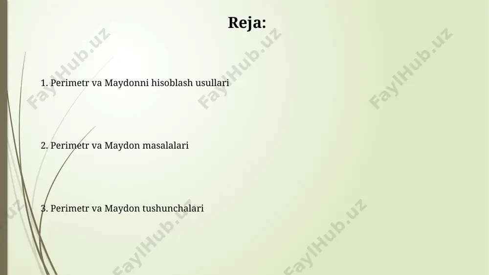 adi. perimetrni hisoblashda, masalan, 5 sm va 10 sm tomonli to'rtburchak uchun, 2(5+10) = 30 sm formuladan foydalaniladi, bu esa uning perimetrini aniqlashga yordam beradi. maydonni o'lchash usullari maydonni hisoblashda kvadratlar yoki to'rtburchaklar panjarasidan foydalanish mumkin. 1 sm² li kvadratlardan foydalanib, murakkab shakllar maydonini taxminiy hisoblash o'quvchilarga geometrik tushunchalarni rivojlantirishga yordam beradi. doira maydonini hisoblash uchun πr² formulasi qo'llaniladi, bu yerda r – doiraning radiusi. o'quvchilarga π ning taxminiy qiymati (3,14) va radius tushunchasi tushuntiriladi. turli shakllarning perimetri murakkab shakllar perimetrini hisoblash uchun, shaklni sodda geometrik shakllarga bo'lish va har bir shaklning perimetrini alohida hisoblash, keyin esa natijalarni qo'shish mumkin. masalan, l shaklidagi figura. turli ko'pburchak shakllarning perimetrini hisoblashda, har bir tomonning uzunligini o'lchab, so'ngra ularni qo'shish kerak, masalan, 5 sm, 3 sm, 4 sm va 6 sm tomonlarga ega to'rtburchakning perimetri 18 sm ga teng bo'ladi. e'tiboringiz uchun rahmat @taqdimot_robot image1.jpg image2.jpg image3.jpg image4.jpg image5.jpg image6.jpg image7.jpg