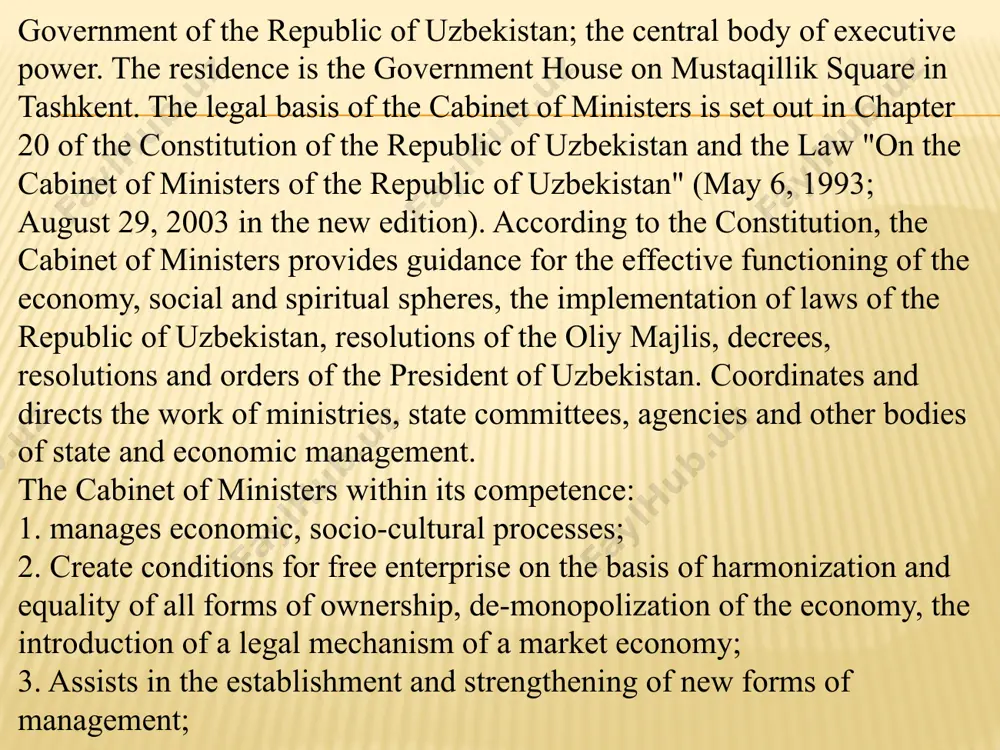 other members of the government of the republic of uzbekistan may be included in the presidium of the cabinet of ministers. extraordinary meetings of the cabinet of ministers and its presidium may be convened in case of urgency. the prime minister of the republic of uzbekistan holds weekly meetings with the deputy prime minister, head of the information and analytical department and chief of staff to discuss the implementation of the president's instructions and the day-to-day activities of the government. the cabinet of ministers, in accordance with the current legislation, issues decisions and orders that are binding on all bodies, enterprises, institutions, organizations, officials and citizens throughout the territory of the republic of uzbekistan. temporary commissions and other working bodies of the cabinet of ministers may be established to prepare proposals on certain issues of public and economic management, to develop draft resolutions of the cabinet of ministers, as well …