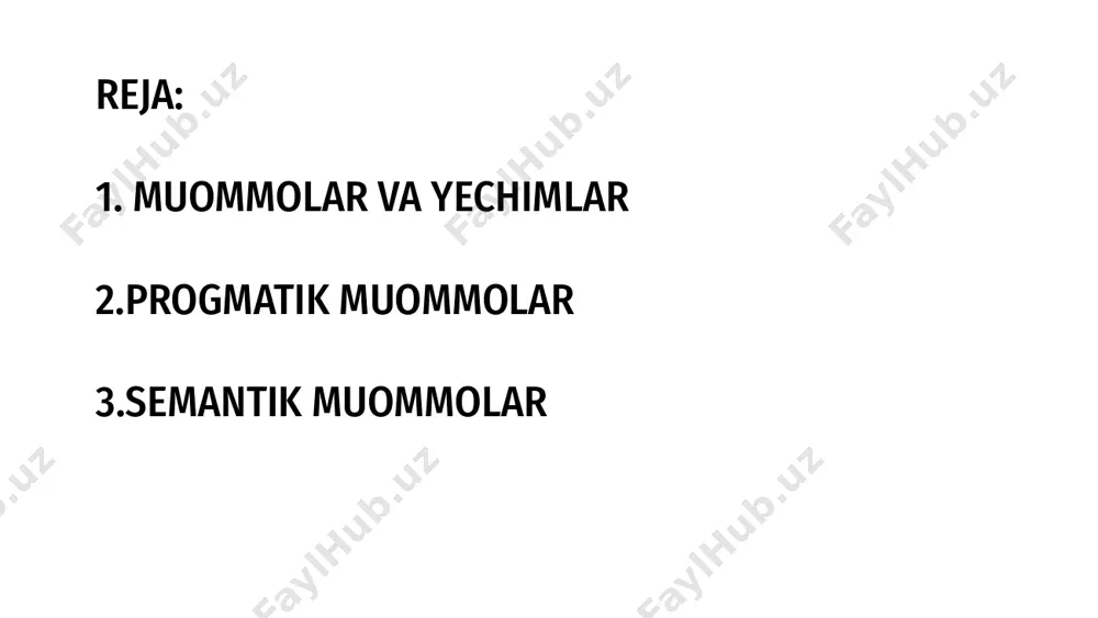 iya va omonimiyani boshqarishi kerak. u inson tushunishini talab qiladigan nozik ma'nolar va nozikliklar bilan kurashadi. 3 ushbu muammolarni hal qilish uchun ai va nlp texnologiyalari mashina tarjimasida aniqlik va ravonlikni yaxshilash uchun rivojlanmoqda. o'zaro til o'tkazmalarini o'rganish va chuqur o'rganish modellari yaxshi natijalarni va'da qiladi. 2 a "mashina tarjimasining pragmatik va semantik muammolari - slide_5" slaydda biz so'zma-so'z tarjimadan tashqari ma'noni to'g'ri etkazishda duch keladigan muammolarni o'rganamiz. b pragmatik masalalar kontekstual va madaniy nuanslarga tegishli bo'lib, ular ko'pincha mashina tarjimalarida yo'qoladi, bu noto'g'ri talqin yoki chalkashlikka olib keladi. c semantik muammolar so'zlar bir nechta ma'noga ega bo'lsa yoki idiomatik iboralar to'g'ri tarjima qilinmasa, tarjimaning umumiy aniqligiga ta'sir qilganda paydo bo'ladi. mashina tarjimasi kontekstni tushunish va idiomatik iboralar kabi pragmatik muammolarga duch keladi. semantik muammolar noaniqlik va tarjima qilinmaydigan tushunchalarni tarjima qilishni o'z ichiga oladi. 6-slaydda mashina tarjimasi inson tilining nuanslarini qamrab olish bilan qanday kurashayotgani va bu noto'g'ri yoki …