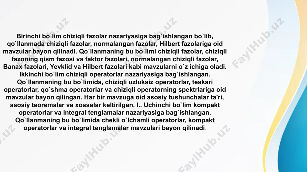 agar x1, x2, . . . , xn, . . . cheksiz elementlar sistemasining ixtiyoriy chekli qism sistemasi chiziqli erkli bo`lsa, u holda {xn} ∞ n=1 sistema chiziqli erkli deyiladi. 1.5-ta'rif. agar l chiziqli fazoda n elementli chiziqli erkli sistema mavjud bo`lib, bu fazoning ixtiyoriy n + 1 ta elementdan iborat sistemasi chiziqli bog`langan bo`lsa, u holda l ga n o`lchamli chiziqli fazo deyiladi va dim l = n kabi yoziladi. 1.6-ta'rif. n o`lchamli l chiziqli fazoning ixtiyoriy n ta elementdan iborat chiziqli erkli sistemasi shu fazoning bazisi deyiladi. 1.7-ta'rif. agar l chiziqli fazoda ixtiyoriy n ∈ n uchun n elementli chiziqli erkli sistema mavjud bo`lsa, u holda l cheksiz o`lchamli chiziqli fazo deyiladi va dim l = ∞ ko`rinishda yoziladi.v yevklid va hilbert fazolari chiziqli fazolarda norma kiritishning sinalgan usullaridan biri, unda skalyar ko`paytma kiritishdir. l haqiqiy chiziqli fazo bo`lsin. 3.1-ta'rif. agar l×l dekart ko`paytmada aniqlangan p funksional quyidagi …