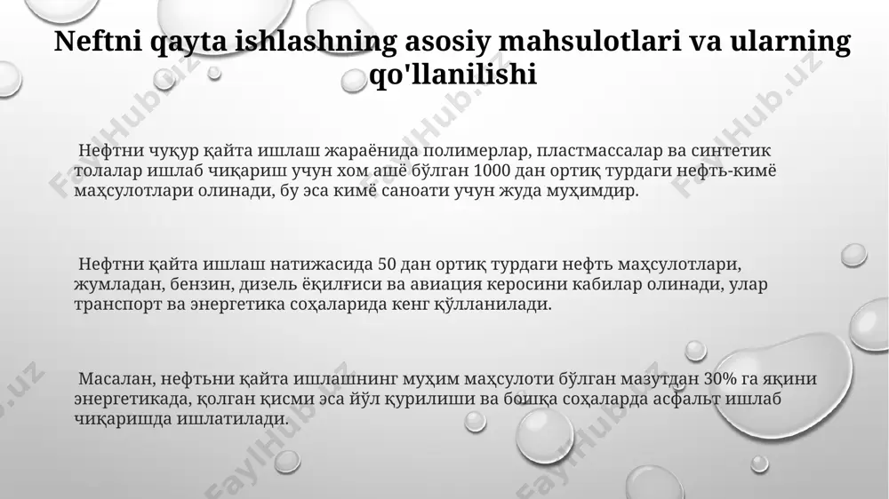 ni qayta ishlash sohasiga jalb etilgan xorijiy investitsiyalar hajmi 1,5 mlrd. aqsh dollaridan oshdi, bu esa yangi texnologiyalar va ishlab chiqarishning samaradorligini oshirishga olib keldi. ikkinchi jahon urushidan keyingi davrda sanoatning rivojlanishi ikkinchi jahon urushidan keyin, 1950-yillarda oʻzbekistonda neftni qayta ishlash zavodlarining quvvati sezilarli darajada, taxminan 2-3 baravar oshdi, bu esa yoqilgʻi va moylash materiallariga boʻlgan talabni qondirishga yordam berdi. sanoatning rivojlanishi davrida, 1960-yillarga kelib, neftni chuqur qayta ishlash texnologiyalari joriy etildi, bu esa benzin, dizel yoqilgʻisi va boshqa kimyoviy mahsulotlar ishlab chiqarish hajmini koʻpaytirdi. masalan, benzin ishlab chiqarish 50% ga oshdi. davlat tomonidan amalga oshirilgan katta miqdordagi investitsiyalar (1970-yillar), yangi quvurlar va neftni qayta ishlash majmualarining qurilishiga olib keldi, bu esa ishlab chiqarish hajmini yillik 10 million tonnaga yetkazdi. sovet davrida neftni qayta ishlash zavodlarining qurilishi 1930-yillarda, besh yillik rejalar davrida, o'zbekistonda bir nechta yirik neftni qayta ishlash zavodlari, jumladan, yillik quvvati 1 million tonnadan ortiq bo'lgan korxonalar qurilgan. …