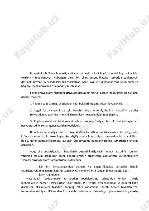 asosida autentifikatsiyalash. autentifikatsiyaning keng tarqalgan sxemalaridan biri oddiy autentifikatsiyalash bo‘lib, u an'anaviy ko‘p martali parollarni ishlatishga asoslangan. tarmoqdagi foydalanuvchini oddiy autentifikatsiyalash muolajasini quyidagicha tasavvur etish mumkin. tarmoqdan foydalanishga uringan foydalanuvchi kompyuter klaviaturasida o‘zining identifikatori va parolini teradi. bu ma'lumotlar autentifikatsiya serveriga ishlanish uchun tushadi. autentifikatsiya serverida saqlanayotgan foydalanuvchi identifikatori bo‘yicha ma'lumotlar bazasidan mos yozuv topiladi, undan parolni topib foydalanuvchi kiritgan parol bilan taqqoslanadi. agar ular mos kelsa, autentifikatsiya muvaffaqiyatli o‘tgan hisoblanadi va foydalanuvchi legal (qonuniy) maqomini va avtorizatsiya tizimi orqali uning maqomi uchun aniqlangan huquqlarni va tarmoq resurslaridan foydalanishga ruxsatni oladi. paroldan foydalangan holda oddiy autentifikatsiyalash sxemasi 3.1.-rasmda keltirilgan. ravshanki, foydalanuvchining parolini shifrlamasdan uzatish orqali autentifikatsiyalash varianti xavfsizlikning hatto minimal darajasini kafolatlamaydi. parolni himoyalash uchun uni himoyalanmagan kanal orqali uzatishdan oldin shifrlash zarur. buning uchun sxemaga shifrlash yek va rasshifrovka qilish dk vositalari kiritilgan. ra ek dk k k ? ra=r'a r'a kanal foydalanuvchi a autentifikatsiya serveri parol xaqiqiy ha …