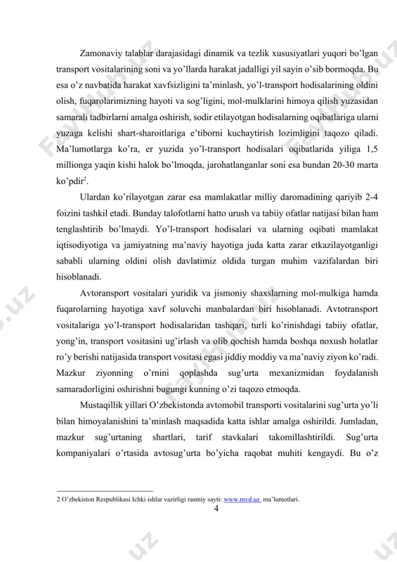izda avtomobil transporti vositalarini kompleks sug’urtalash bo’yicha ishlarni yanada takomillashtirishni hamda tarif stavkalarini aktuar hisob-kitoblar asosida belgilashni taqozo etmoqda. shuningdek, avtosug’urtaga, xususan yuridik shaxslarning avtomobil transportini sug’urtalashga yangi innovatsion g’oyalarni singdirgan holda uni modernizatsiya qilish zaruriyati yuzaga kelmoqda. yuqorida qayd etilgan muammolarning mavjudligi tanlangan bitiruv malakaviy ishining dolzarb ahamiyat kasb etishini anglatadi. bitiruv malakaviy ishining o’rganilganlik darajasi. sug’urta va avtomobil transportini sug’urtalashning o’ziga xos xususiyatlari qator iqtisodchi olim va mutaxassislar tomonidan o’rganilgan. masalan, i.f.d., prof. sobirov h.r., ikramov o.g., xalimov i.z., i.f.d., prof.iminov t.k., i.f.d., prof. sh.imomov, i.f.n. umarov s.a., i.f.n., dots. shennaev x.m., dots. baymuratov t.m. kabi mamlakatimiz olim va mutaxassislarining ilmiy-nazariy ishlarida avtotransport sug’urtasini takomillashtirishning ayrim masalalari ilmiy jihatdan tadqiq etilgan. ammo, o’zbekistonda avtomobil transportini sug’urtalashning shartlari, ayniqsa yuridik shaxslarga tegishli avtomobil transporti vositalarini sug’urtalash yaxlit tizim shaklida etarli darajada o’rganilmagan va bu holat, bizning fikrimizcha, mazkur mavzuni ilmiy nuqtai nazardan o’rganish maqsadga muvofiq ekanligini ko’rsatadi. bitiruv malakaviy …
