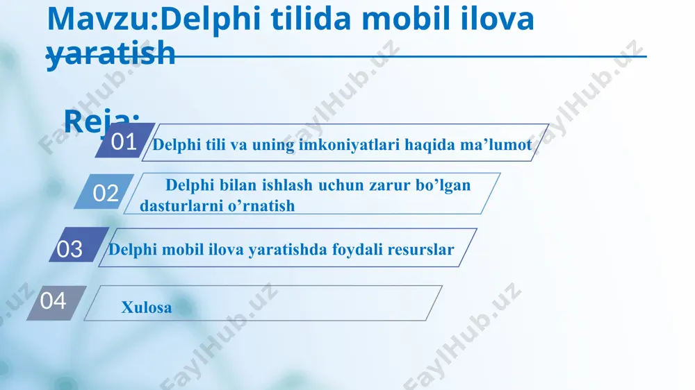u/linux, mac os x va windows ce platformalari uchun dasturlar yaratishga imkon beradi. firemonkey (fmx) platformasi: firemonkey — delphi va c++ builder dasturlari yordamida yaratish mumkin bo'lgan grafik interfeysni ishlab chiqish uchun ishlatiladigan platformadir. bu platforma windows, macos, ios va android kabi bir nechta platformalarda ilovalarni yaratishga imkon beradi. firemonkey yordamida ilova yaratishda ekran dizayni, grafikalar va interaktiv elementlar (buttonlar, listlar, rasmlar va boshqalar) bilan ishlash mumkin. ilova dizaynini yaratish: delphi'da mobil ilova yaratish jarayonida interaktiv dizayn yaratish uchun drag-and-drop (sudrab tashlash) interfeysi mavjud. buning yordamida formalar (ekranlar) va ularning ichidagi turli elementlar (text box, button, label, image va boshqalar) joylashtiriladi. ilova dizaynida turli platformalarga moslashtirish imkoniyati mavjud. delphi moslashtirilgan dizaynlarni bir vaqtning o'zida yaratish imkoniyatini beradi. kod yozish: delphi mobil ilovalar yaratishda pascal tilining sintaksisidan foydalanadi. kodlashni boshlash uchun kerakli komponentlarga tegishli kodlar yoziladi. masalan, foydalanuvchi bir tugmani bossagina, tegishli voqea (event) ishga tushadi.ios va android qurilmalari uchun maxsus …