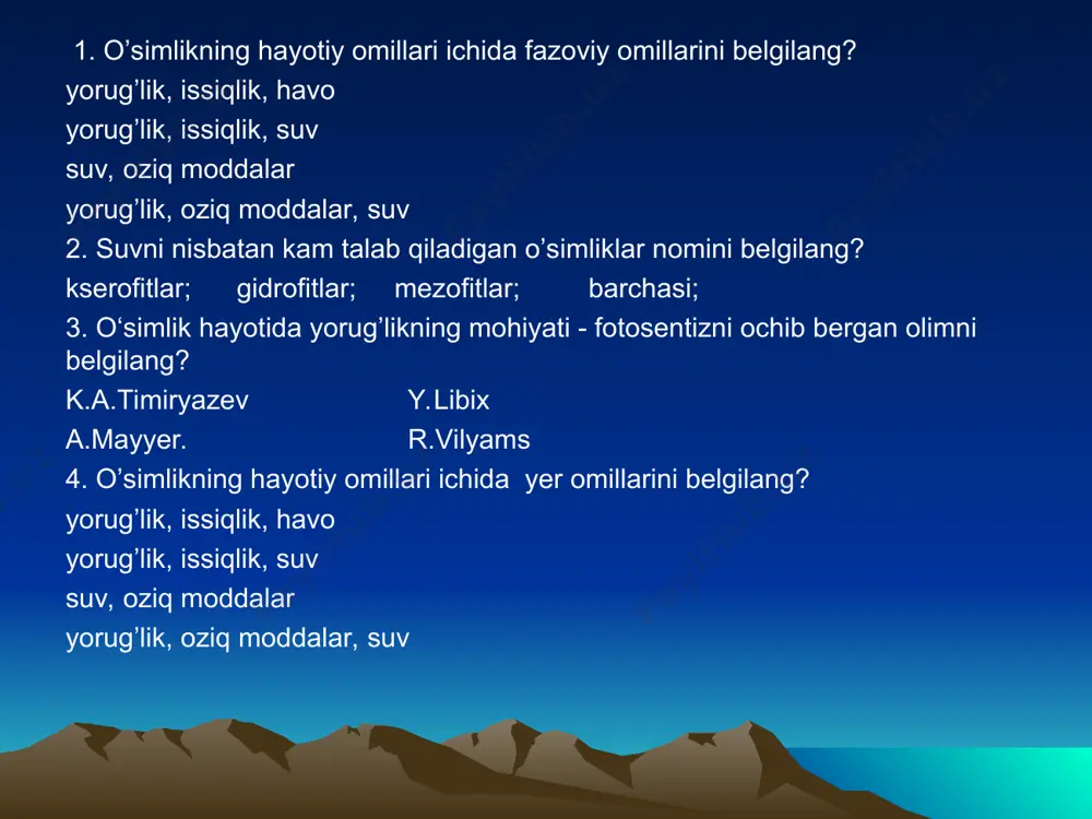 meʼyorlarni belgilash mumkin. oʼsimlik hayot omillarining teng ahamiyatliligi va almashtirib boʼlmaslik qonunini v.r.vilyams oʼsimlik hayot omillarining teng ahamiyatliligi va almashtirib boʼlmaslik qonunini bayon etdi. hamma hayot omillari teng ahamiyatga ega, yaʼni birini oʼrnini ikkinchisi bosa olmaydi. hayot omillarini birgalikda taʼsir etish qonuni libsher xix asrda hayot omillarini birgalikda taʼsir etish qonunini quyidagicha taʼrifladi, yaʼni "oʼsimlik boshqa omillar bilan qanchalik optimal meʼyorda taʼminlangan boʼlsa, u minimumda turgan faktordan shuncha samarali foydalanadi". dehqonchilik tizimi haqida umumiy tushunchalar. qishloq xoʼjalik ekinlaridan maksimal hosil olishga imkon beradigan darajadagi tuproq unumdorligiga erishish va uni saqlashga qaratilgan agrotexnik, meliorativ hamda tashkiliy xoʼjalik tadbirlar majmuasiga dehqonchilik tizimi deyiladi. tarixiy taraqqiyot davrida dehqonchilik tizimini oʼzgarishi ishlab-chiqarish kuchlarining rivojlanish darajasi va kishilik jamiyatining ijtimoiy-iqtisodiy munosabatiga qarab sodir boʼlgan. shuning uchun dehqonchilik tizimi muayyan sharoitda progressiv boʼlib, ijtimoiy iqtisodiy munosabatlar oʼzgarishi bilan kelgusida qoloqlashib qoladi va keyinchalik birmuncha progressiv dshqonchilik tizimi bilan almashinadi. dehqonchilik tizimining vazifasi dehqonchilik tizimi yerdan samarali …
