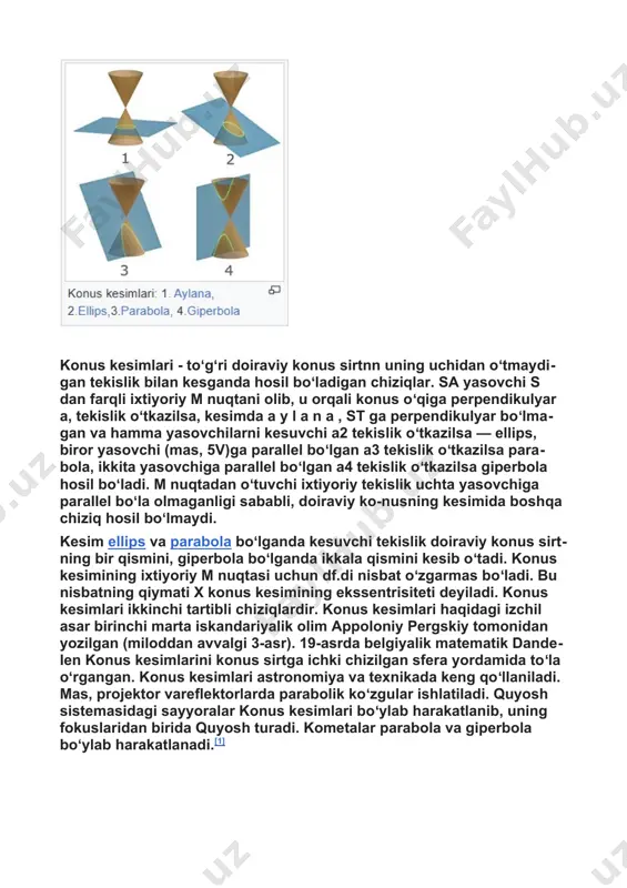 hi shu doiraning markaziga proyeksiyalansa, konus toʻgʻri doiraviy konus deyiladi, so kesma esa konusning balandligi deyiladi. toʻgʻri burchakli uchburchak oʻzining biror kateti atrofida aylantirilsa, toʻgʻri doiraviy konus hosil boʻladi. toʻgʻri doiraviy konusning yon sirti �=���,, hajmi �=13��2ℎ formula bilan hisoblangan, bunda: r — konus asosining radiusi, h — konus balandligi. �=�2+ℎ2 konus sirt — qoʻzgʻalmas s nuqtadan oʻtuvchi sm toʻgʻri chiziqning biror l egri chiziq boʻylab sirpanishidan hosil boʻladigan sirt. 5nuqta konus sirtning uchi, sm toʻgʻri chiziq yasovchisi, l egri chiziq yoʻnaltiruvchisi deyiladi. agar konus sirtning yoʻnaltiruvchisi aylana boʻlib, s ni aylana markazi o bilan tutashtiruvchi toʻgʻri chiziq aylana tekisligiga tik boʻlsa, u doiraviy konus sirt deb, 05 toʻgʻri chiziq esa konus sirtning oʻqi deb ataladi. dekart koordinatalar tizimida tenglama yoʻnaltiruvchisi ellips boʻlgan konus sirtni ifodalaydi: �2�2+�2�2−�2�2=0 ta’rif. ikkinchi tartibli sirt tenglamasini birorta dekart koordinatalari sistemasida ko'rinishda yozish mumkin bo‘lsa , u konus deb ataladi. bu tenglamada a > b …
