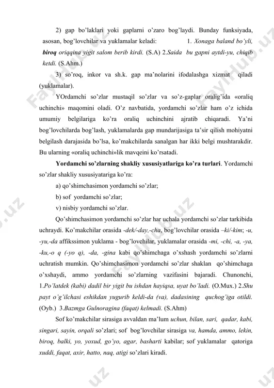 ish mumkin. qo’shimchasimon yordamchi so’zlar shaklan qo’shimchaga o’xshaydi, ammo yordamchi so’zlarning vazifasini bajaradi. chunonchi, 1.po’latdek (kabi) dadil bir yigit bu ishdan hayiqsa, uyat bo’ladi. (o.muх.) 2.shu payt o’g’ilchasi eshikdan yugurib keldi-da (va), dadasining quchog’iga otildi. (oyb.) 3.bazmga gulnoragina (faqat) kelmadi. (s.ahm) sof ko’makchilar sirasiga avvaldan ma’lum uchun, bilan, sari, qadar, kabi, singari, sayin, orqali so’zlari; sof bog’lovchilar sirasiga va, hamda, ammo, lekin, biroq, balki, yo, yoxud, go’yo, agar, basharti kabilar; sof yuklamalar qatoriga xuddi, faqat, axir, hatto, naq, atigi so’zlari kiradi. nisbiy yordamchi so’zlar atamasi ostida boshqa turkumga mansub bo’lgan so’zning yordamchi vazifasida qo’llanilishi (old, orqa, avval, bo’ylab, boshlab…) yoki tabiatida “shakldoshlik” mavjud bo’lgan birliklar tushuniladi. masalan, “yolg’iz” sifat turkumiga oid so’z yuklama o’rnida (yolg’iz senga suyanaman) ishlatiladi. yoki vaqtida yomg’ir yog’adi, vaqtida qor gapida vaqtida so’zining vazifasi bog’lovchilarga yaqindir. bunga o’xshash misollar nutqimizda ko’p uchraydi. yordamchi so’zlarning shakliy xususiyatlariga ko’ra turlarini quyidagi jadvalda umumlashtirish mumkin: 6-jadval yordamchi so’z turi …