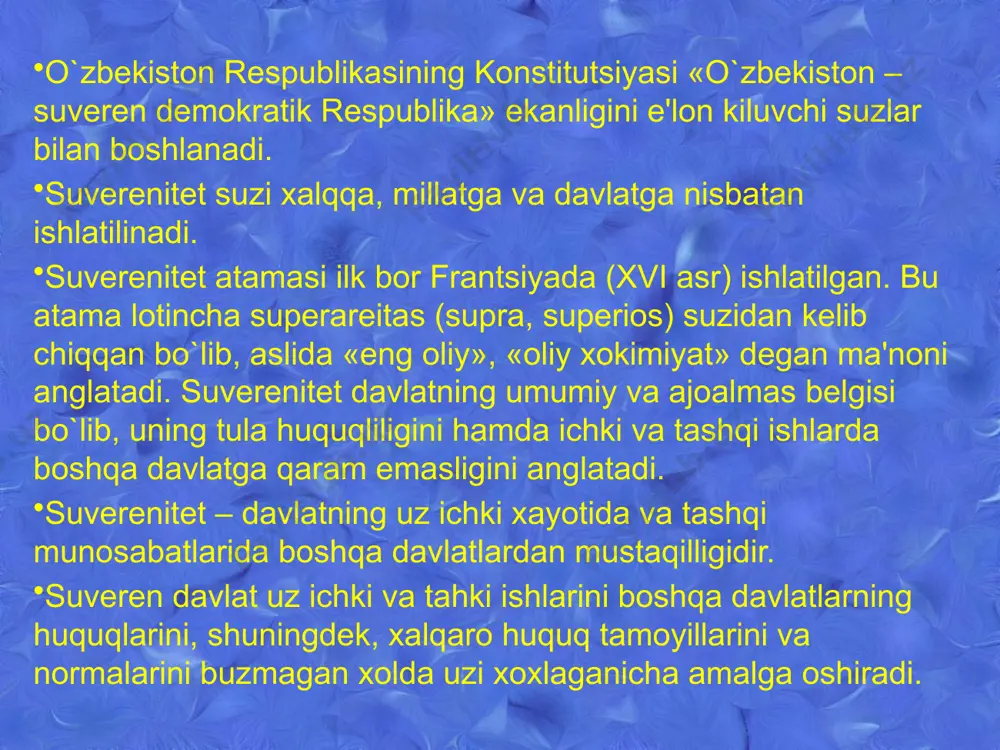 ratik huqukiy davlatning eng muhim bеlgilaridan biri - barcha fuqarolar-ning qonun oldida tеngligi, konstitutsiya va qonunlarning ustunligini ta'min-lashdir. konstitutsiya va qonun ustuvorligi, birinchidan, ijtimoiy hayotning barcha sohalarda qonunning qat'iyan hukmronligini, hеch kim, hеch bir davlat organi, mansabdor shaxs tadbirkor yoki boshqa biror fuqaro qonunga bo`ysunish majburiyatidan xoli bo`lishi mumkin emasligini anglatadi. ikkinchidan, konstitu-tsiya va qonun ustuvorligi shuni ifodalaydiki, asosiy ijtimoiy, eng avvalo iq-tisodiy va siyosiy munosabatlar faqat qonun yo`li bilan tartibga solinadi, uning barcha ishtirokchilari esa, hеch bir istisnosiz, huquq normalarini bo`z-ganligi uchun huquqiy javobgarlikka tortiladilar. o`zbеkiston rеspublikasi tashqi siyosatining asosiy printsiplari konstitutsiyaning 17 - moddasida o`zining qonuniy aksini topgan. tashqi siyosat tushunchasi davlatning xalqaro ishlardagi umumiy kursini o`z ichiga oladi. tashqi siyosat davlatning boshqa davlatlar va xalqlar hamda xalqaro tashkilotlar bilan o`zaro aloqalarni o`z ichiga oluvchi maqsad va vositalarni qamrab oladi. ,,o`zbеkiston rеspublikasi - xalqaro munosabatlarning to`la huquqli sub'kti” dеgan konstitutsiyaviy qoida o`zbеkiston rеspublikasining hozirgi dunyodagi o`rnini bildiribgina qolmay, …