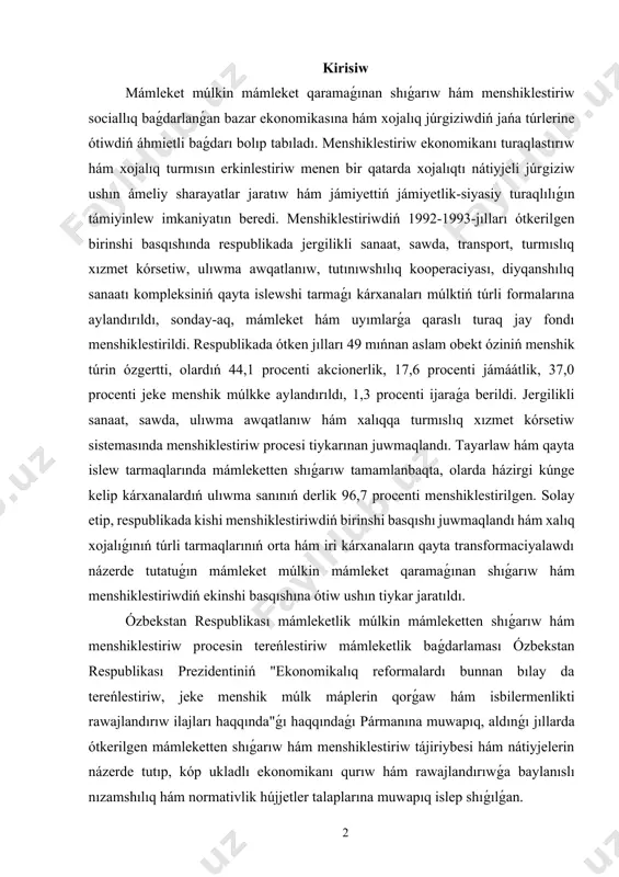 aǵdarlaması ózbekstan respublikası prezidentiniń "ekonomikalıq reformalardı bunnan bılay da tereńlestiriw, jeke menshik múlk máplerin qorǵaw hám isbilermenlikti rawajlandırıw ilajları haqqında"ǵı haqqındaǵı pármanına muwapıq, aldınǵı jıllarda ótkerilgen mámleketten shıǵarıw hám menshiklestiriw tájiriybesi hám nátiyjelerin názerde tutıp, kóp ukladlı ekonomikanı qurıw hám rawajlandırıwǵa baylanıslı nızamshılıq hám normativlik hújjetler talaplarına muwapıq islep shıǵılǵan. 1. "jasıl ekonomika" ataması, mazmuni hám áhmiyeti. milliy ekonomika hám eksport quramında tereń qayta islengen, joqarı qosımsha qunǵa ie tayar ónimlerdiń úlesin arttırıwǵa baǵdarlanǵan ekonomikanı rawajlandırıw uzaq múddetli turaqlı ekonomikalıq ósiwdi támiyinlewdiń áhmietli faktorı bolıp esaplanadı. mámlekettiń óndiris kólemi hám eksportı quramında shiyki zat tovarlarınıń salmaqlı orındı ielewi turaqlı ekonomikalıq rawajlanıwǵa, xalıqtıń turmıs abadanlıǵına unamsız tásir kórsetedi, milliy ekonomikanıń jáhán shiyki zat tovarları bazarı konyunkturasınıń ózgeriwlerine baylanıslılıǵın arttıradı. ózbekstan ekonomikasında strukturalıq ózgerislerdiń uzaq múddetli strategiyasın islep shiǵiw ishki hám global procesler hám mashqalalardı esapqa aliwdi talap etedi. usı kózqarastan turaqlı ekonomikalıq rawajlanıwdıń jańa, resurslardan nátiyjeli paydalanıwǵa tiykarlanǵan, innovaciyalıq ekonomikaǵa ótiw …