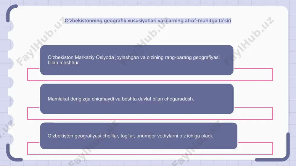 ta tiklanadigan energiya manbalariga sarmoya kiritdi. o‘zbekiston ekologiyasida qishloq xo‘jaligining o‘rni oʻzbekiston ekologiyasida qishloq xoʻjaligi muhim oʻrin tutadi. bu mamlakat iqtisodiyotining katta qismini tashkil qiladi va ko'plab odamlarning hayotini ta'minlaydi. oʻzbekistonda qishloq xoʻjaligi sohasi xilma-xil boʻlib, ekinlar va chorvachilik turlicha. bu xilma-xillik mintaqaning ekologik muvozanatini saqlashga yordam beradi. biroq o‘zbekistonda qishloq xo‘jaligi ham ekologik muammolarni keltirib chiqaradi. pestitsidlar va kimyoviy o'g'itlardan ortiqcha foydalanish tuproqning degradatsiyasiga va suvning ifloslanishiga olib kelishi mumkin. urbanizatsiya va uning o'zbekistonda atrof-muhitga ta'siri o‘zbekistonda urbanizatsiya atrof-muhitda sezilarli o‘zgarishlarga olib keldi. shaharlarning tez o'sishi ifloslanishning kuchayishiga va tabiiy yashash joylarining yo'qolishiga olib keldi. urbanizatsiyaning atrof-muhitga salbiy ta'sirini yumshatish bo'yicha ishlar olib borilmoqda. oʻzbekistondagi muhofaza etiladigan tabiiy hududlar va milliy bogʻlar oʻzbekiston ekologiyasi muhofaza etiladigan tabiiy hududlar va milliy bogʻlar barpo etish orqali saqlanadi. bu hududlar ko'plab o'simliklar va hayvonlarning yashash joylari bo'lib, ularning saqlanishini ta'minlaydi. o‘zbekistonning tabiiy landshaftlarining xilma-xilligi va go‘zalligi ushbu qo‘riqlanadigan hududlar va milliy bog‘lar …