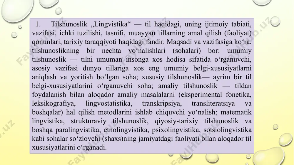 jlantirishga, ona tilida fikrlash va ona tili qurilishining o'ziga xosligi, boshqa tillardan tubdan farq qilishi, olamni o'zicha aks ettirishni singdirish bilan milliy ong, milliy dunyoqarash, milliy g'urur va mafkurani shakllantirishda mustahkam poydevor vazifasini o'taydi. foydalanilgan adabiyotlar https://cyberleninka.ru/article/n/tilshunoslik-zamonaviy-yo-nalishlar-hamda-ular-xususida-tahlil-va-muammolar https://uz.wikipedia.org/wiki/tilshunoslik dadaboyev q.a. logistika. https://elib.buxdupi.uz/books/abuzalova.pdf e’tiboringiz uchun rahmat image2.png image3.png image4.png image5.png image6.png image7.png image8.png image1.png /docprops/thumbnail.jpeg