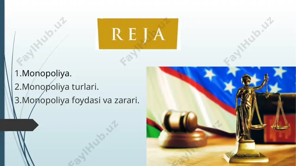 a) firma tomonidan xizmat koʼrsatilgan taqdirda oʼz minimumiga erishadigan tarmoqlarda vujudga keladi. tabiiy monopoliyalar asosan unikal tabiiy resurslarga asoslanadigan, yuqori masshtab samarasiga ega firmalardir. o’zbekistonda quyidagi sohalarda tabiiy monopoliya sub’yektlarining faoliyati davlat tomonidan tartibga solinadi: neft, neft va gaz kondensata, tabiiy gaz va kumir qazib chikarish, neft, neft mahsulotlari va gazni quvurlar orqali tashish, elektr va issiklik energiyasini ishlab chiqarish va uzatish, t.yillarda yuk va yo’lovchilar tashish, umumiy erkin foydalaniladigan elektr va pochta aloqasi xizmatlari, suv quvurlari va kanalizatsiya xizmatlari. portlar va aeroportlar kursatadigan xizmatlar ham tabiiy monopoliyalar tizimiga kiritilgan sunʼiy monopoliya - yuqori foydaga erishish va bozor hokimiyati darajasini oshirish uchun firmalarning birlashuvi (qoʼshilishi natijasida vujudga keladi). misol uchun toshkent metropoliten. monopoliyaning foydali taraflari quyidagicha bo’lishi mumkin: yirik ishlab chiqarish miqdori: monopolistik korxonalar katta hajmda ishlab chiqarishni amalga oshirishlari mumkin, bu esa birlik boshiga ishlab chiqarish xarajatlarini kamaytirishi mumkin. takomillashtirilgan texnologiyalar: monopolistik korxonalar yangi texnologiyalarni qo’llash va takomillashtirishga katta …