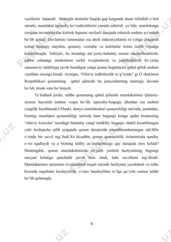 lliy an’analarimizga qay darajada mos keladi? shuningdek, qonun mamlakatimizda xo`jalik yuritish faoliyatining bugungi mavjud holatiga qanchalik javob bera oladi, kabi savollarni tug’diradi. mamlakatimiz turizmini rivojlantirish orqali turistik faoliyatni yaxshilash va ichki bozorda raqobatni kuchaytirish, o’zaro hamkorlikni to’lga qo’yish zamon talabi bo’lib qolmoqda. i.bob.mehmonxona binolari tarkibi. 1.1mehmonxonaning jamoaviy qismlarida mexmonlarga xizmat ko’rsatish funktsional vazifasiga qarab, mehmonxonada vestibyul xonalari guruhi; mijozlar yashaydigan qism; mehmonlar ovqatlanishi uchun mo’ljallangan xonalar, savdo-maishiy xizmat ko’rsatish xonalari; mehmonlar sport bilan shug’ullanishi, hordiq chiqarishi va biznes bilan shug’ullanishi uchun mo’ljallangan xonalar; xizmat xonalari va maishiy xonalar; texnik xonalar. vestibyul xonalari guruhi – mehmonxonaning eng muhim qismlaridan biri. u mehmonlarni kutib olish va kuzatish uchun mo’ljallangan. unda ayrim ishlarni taqsimlash va qayta taqsimlash funktsiyasi amalga oshiriladi. mehmonxonaning mijozlar yashaydigan qismi nomerlarni va ular normal faoliyat ko’rsatishi va ularda tozalikni saqlash uchun zarur xonalarni o’z ichiga oladi. restoranlar, barlar, kafelar va boshqa ovqatlanish korxonalarida mehmonlar, ovqatlanish bilan bir qatorda, hordiq …