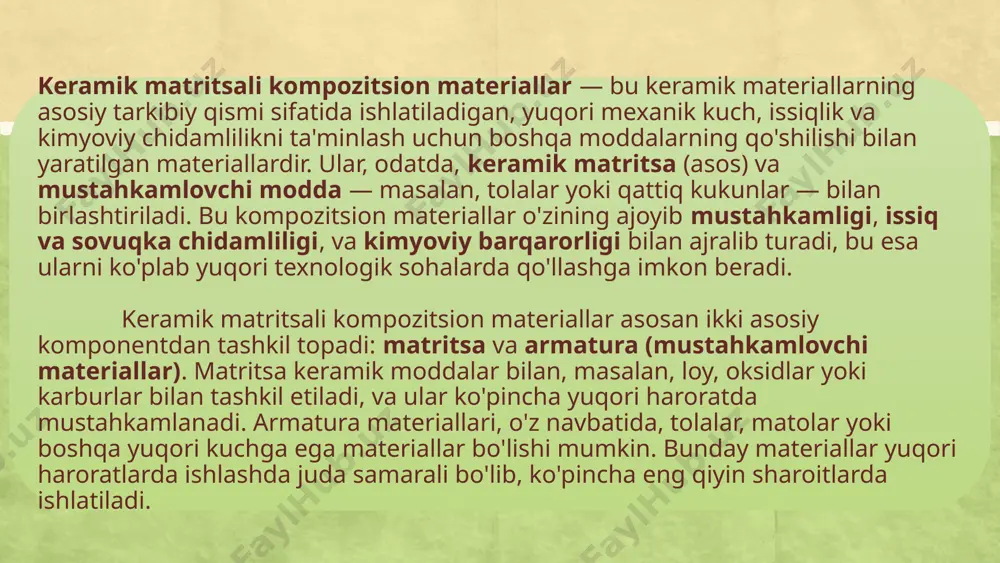 lishi mumkin. bu moddalar yuqori issiqlik va kimyoviy barqarorlikka ega bo'lib, materialning mustahkamligini ta'minlaydi. mustahkamlovchi materiallar: keramik kompozitsion materiallarning kuchini oshirish uchun, qo'shimcha ravishda shisha tolalari, uglerod tolalari, grafen yoki metal tolalari kabi yuqori kuchga ega materiallar ishlatiladi. ushbu mustahkamlovchi materiallar keramik matritsaga qo'shilib, materialning mexanik xususiyatlarini yaxshilaydi va uning chidamliligini oshiradi. shakllantirish jarayoni presslash usuli: xom ashyo tayyorlangan material presslangan holda shakllantiriladi. presslash jarayonida materialga katta bosim qo'llaniladi, bu esa uning zichligini oshiradi va shaklini aniq belgilaydi. sinterlash: bu jarayonda material yuqori haroratda qisqa vaqt davomida isitiladi. sinterlash materialning strukturasini mustahkamlashga yordam beradi va uning mexanik xususiyatlarini yaxshilaydi. bu jarayon yuqori haroratni talab qiladi, chunki keramik materiallar yuqori issiqlikda mustahkamlanadi. shakllantirish mashinalari: ba'zi hollarda, shakllantirish jarayonida maxsus mashinalar ishlatiladi, masalan, ekstruziya yoki davomli presslash usullari. ushbu usullar materialni uzoq va qattiq shakllarga keltirishda yordam beradi. pechda pishirish (sinterlash) shakllantirilgan materiallar keyin pechda pishiriladi. bu jarayon materialni yuqori haroratda isitish …